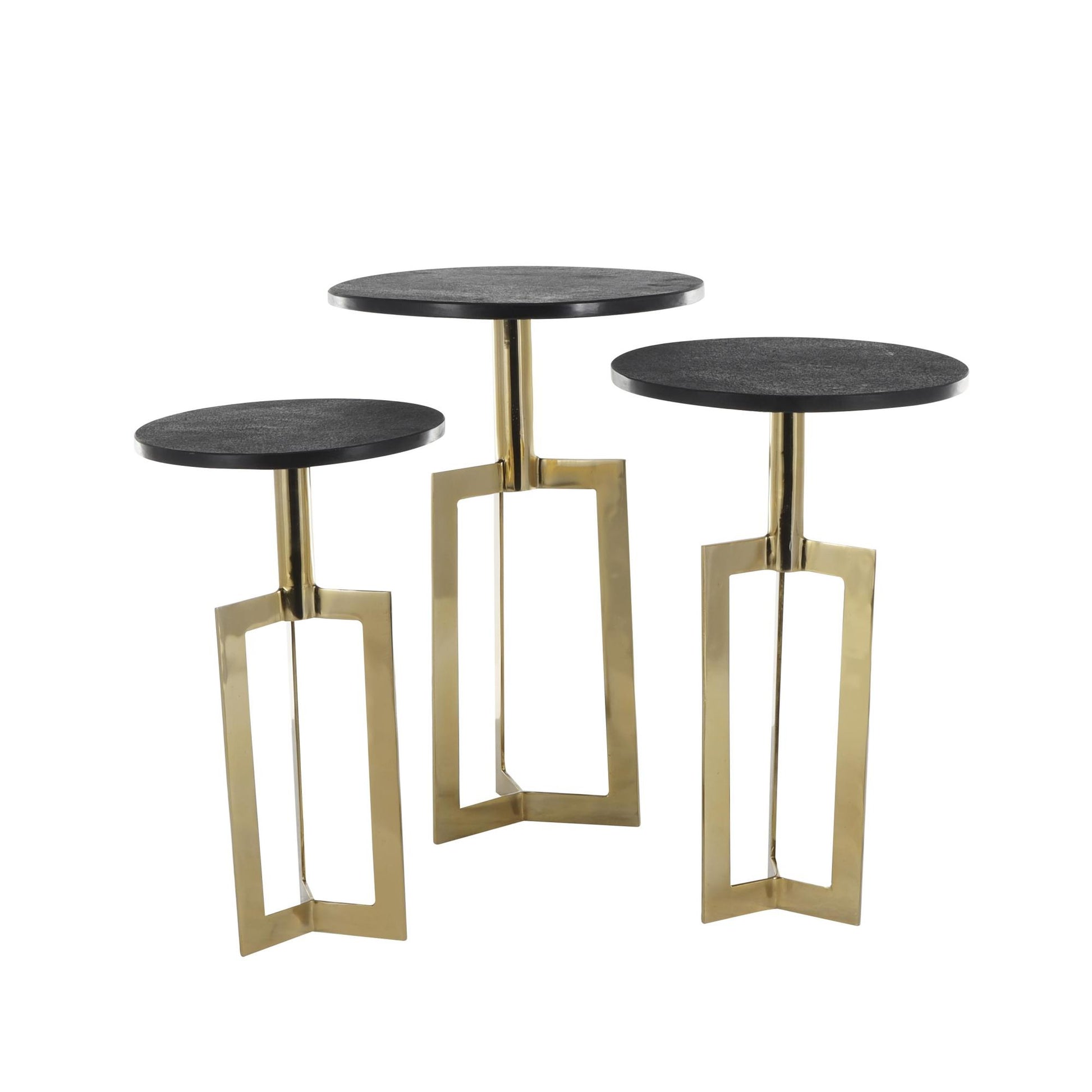 Set of 3 Geometric Aluminum Metal Side End Accent Table with Black Marble Tabletops Set of 3 24", 23", 21"H