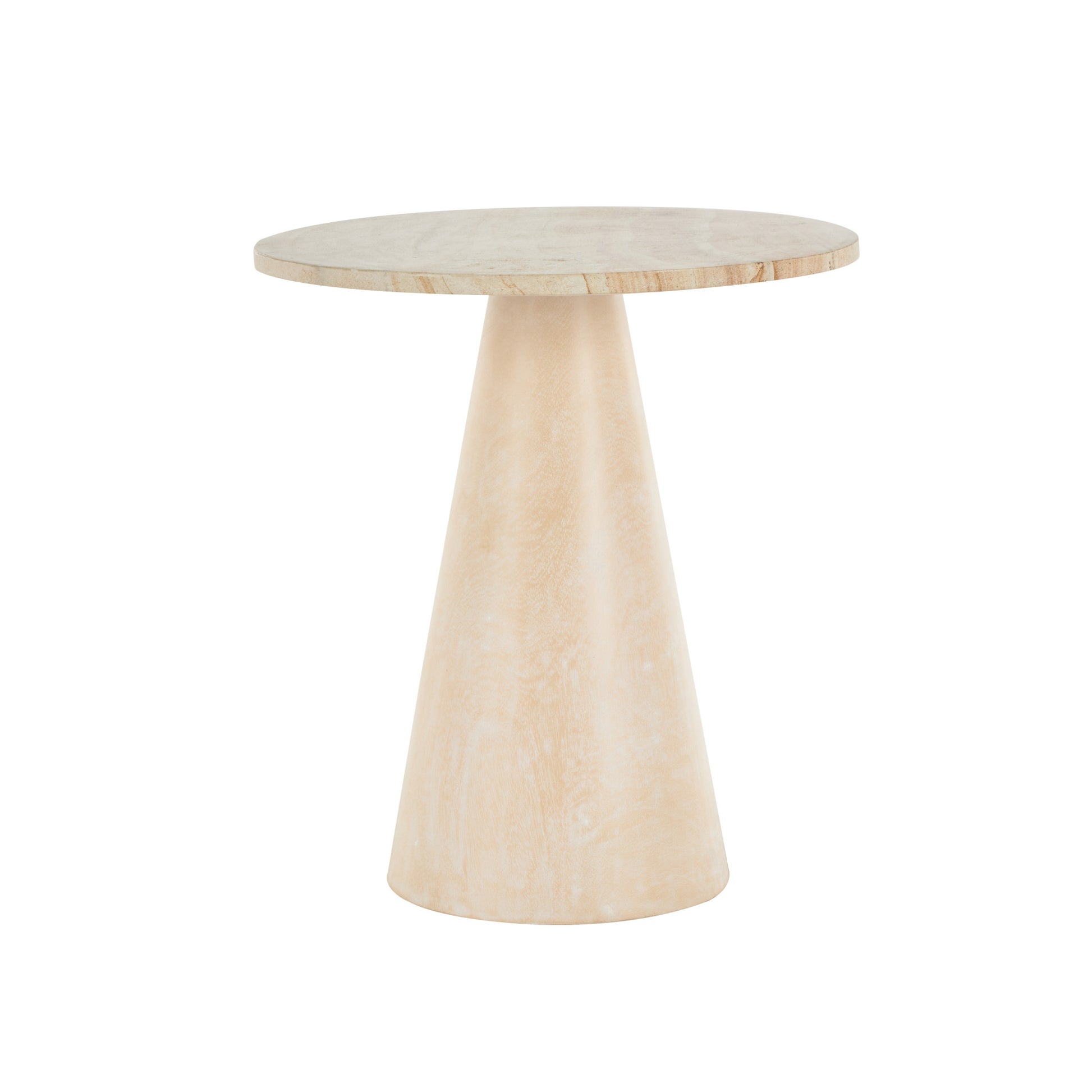 Cream Teak Wood Handmade Cone Side End Accent Table with Beige Marble Tabletop