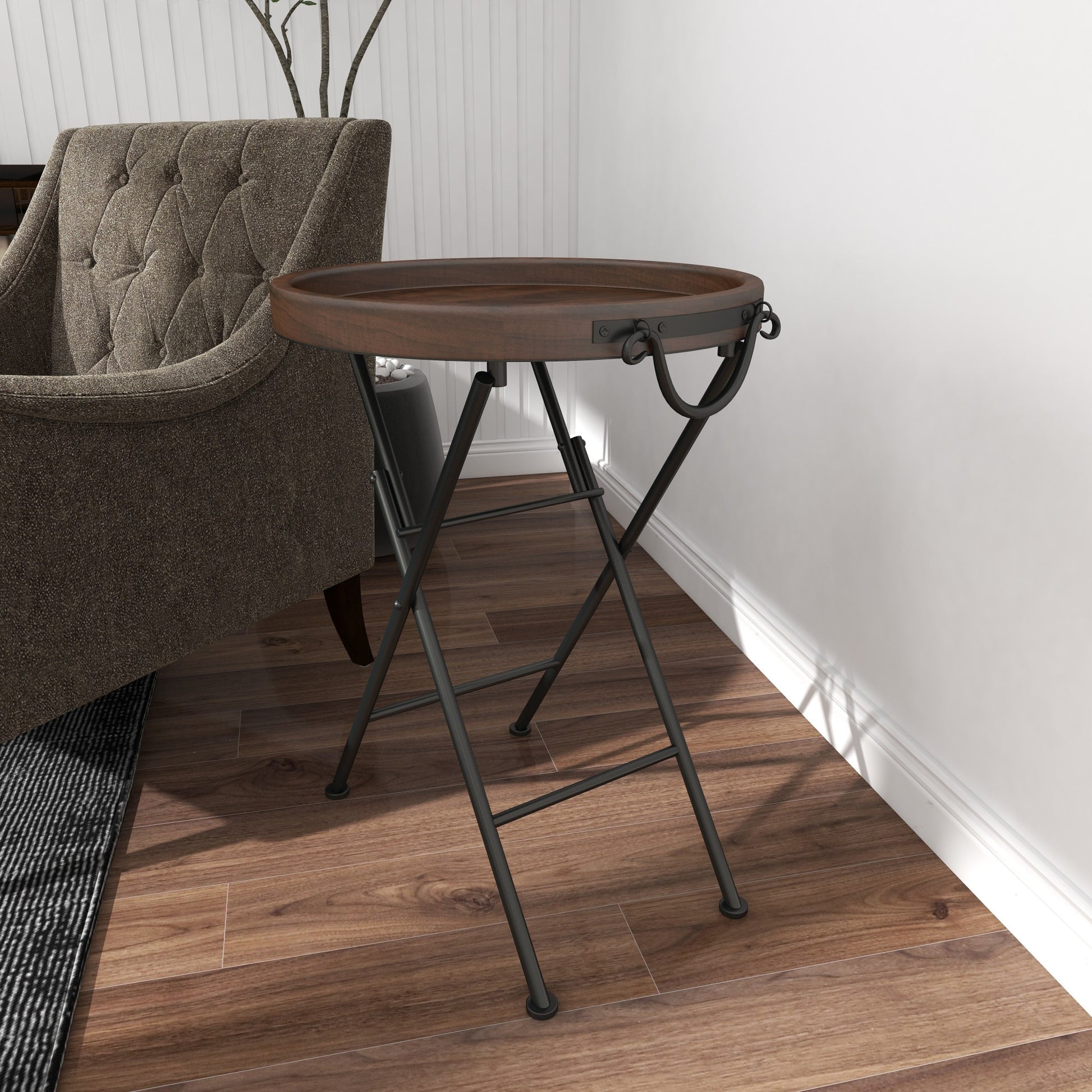 Black Metal Side End Accent Table with Brown Wood Top
