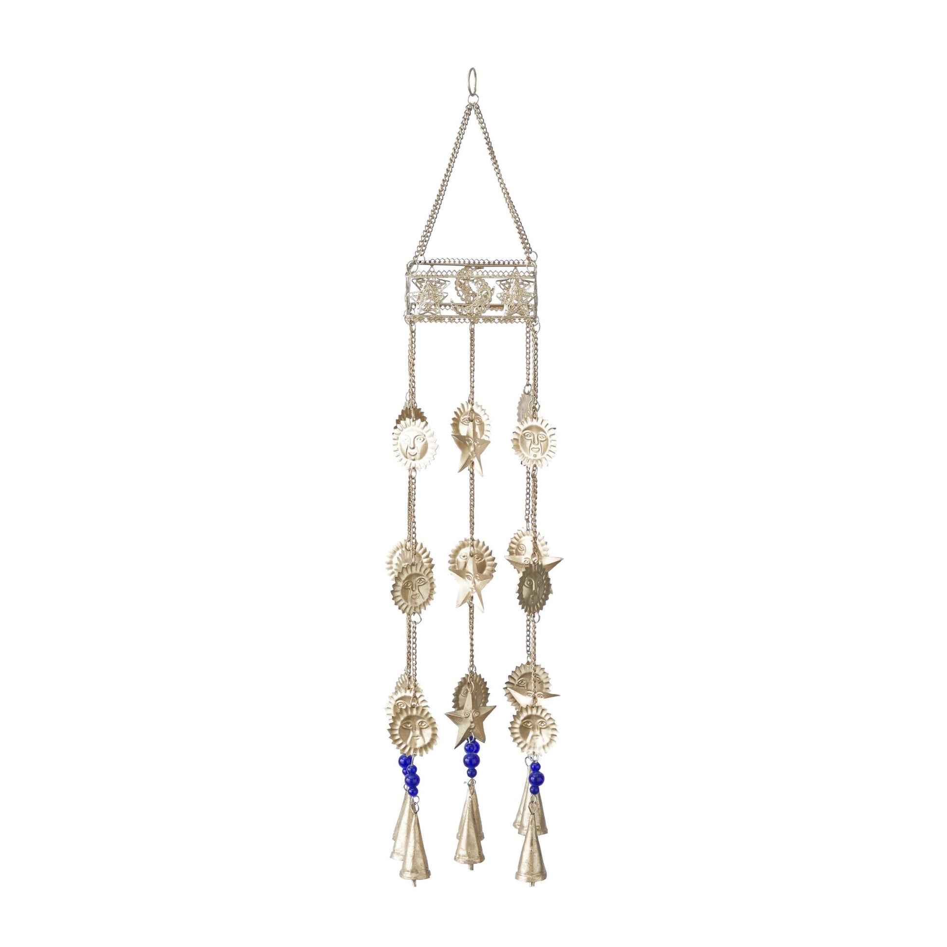 Sun and Star Gold Metal Handmade Indoor Outdoor Windchime with Glass Beads and Cone Bells