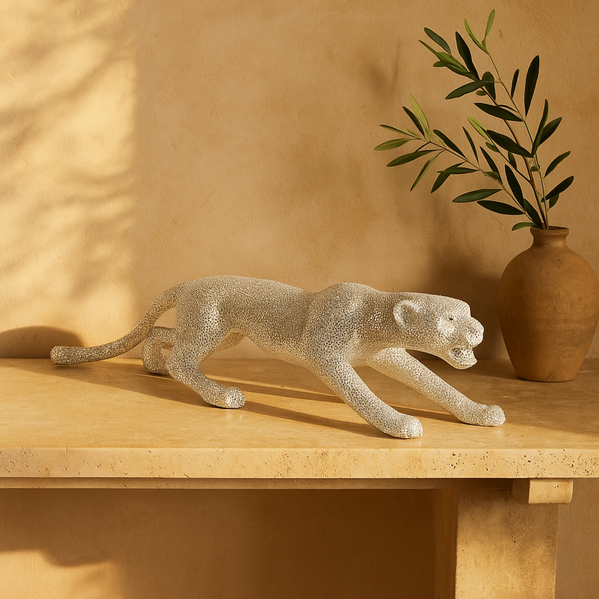 Leopard Polystone Floor Decorative Sculpture with Carved Faceted Diamond Exterior 42" x 11" x 11"