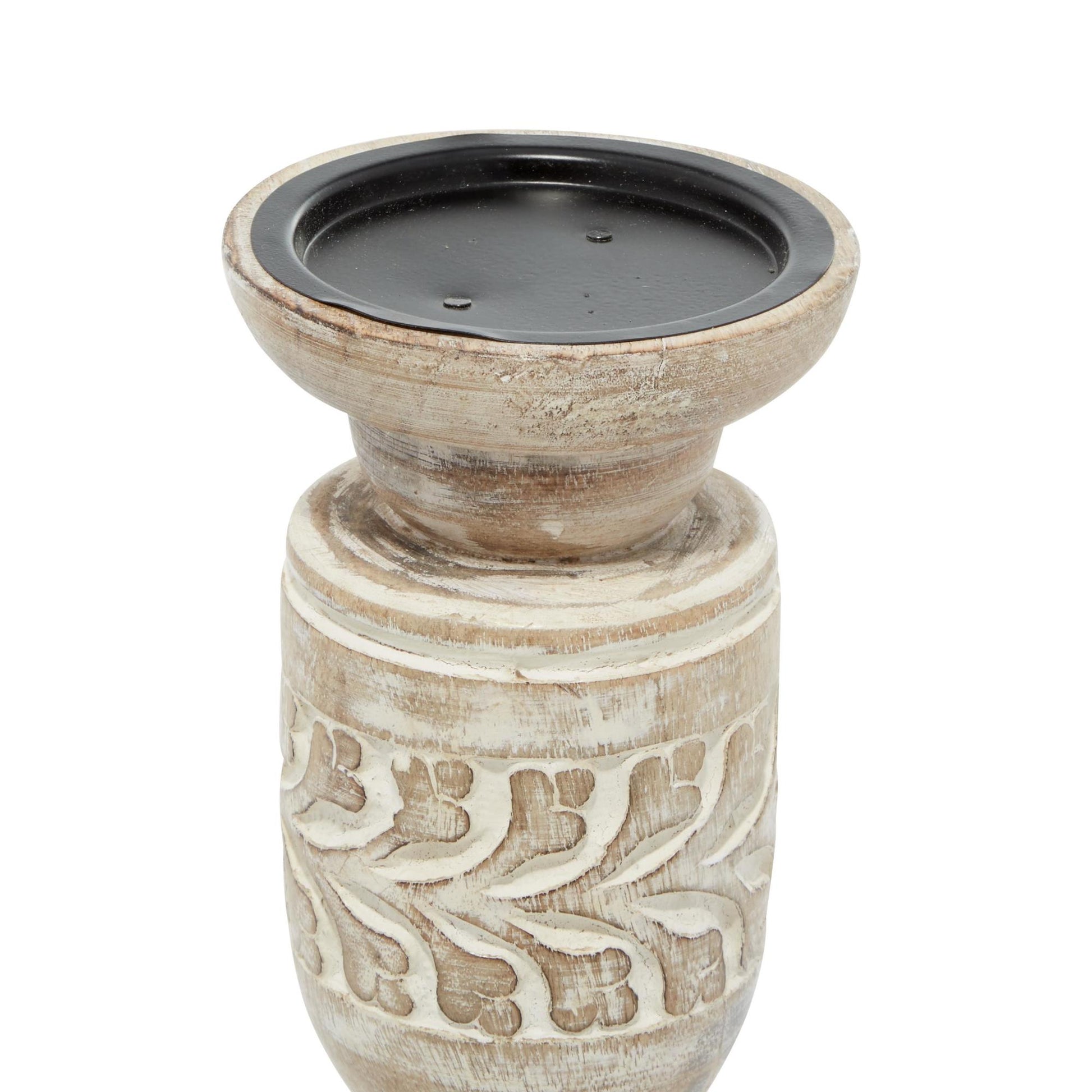 Set of 3 Floral Brown Mango Wood Handmade Whitewashed Turned Decorative Candle Holder