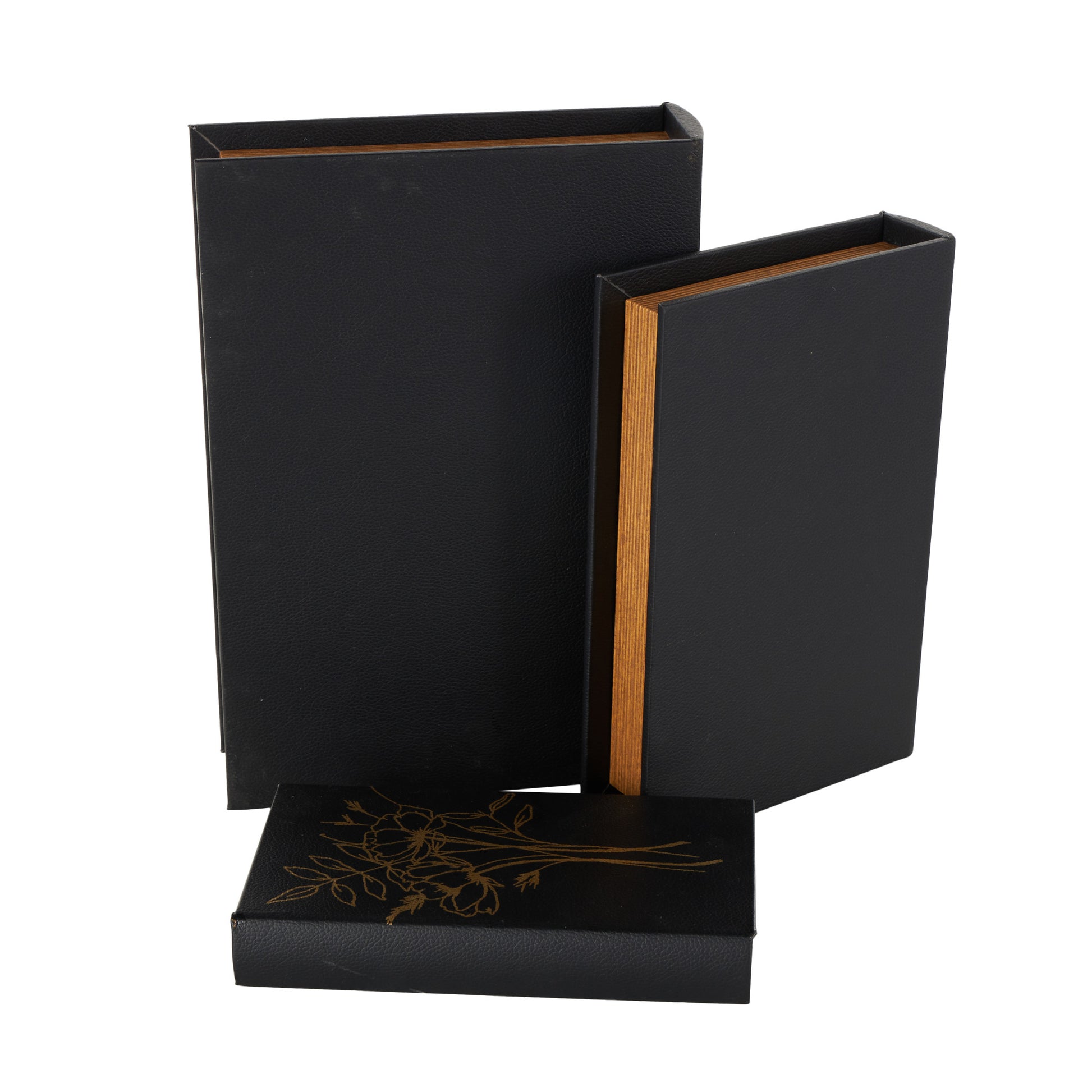 Set of 3 Floral Black Faux Leather Outline Faux Book Storage Decorative Box with Metallic Gold Accents