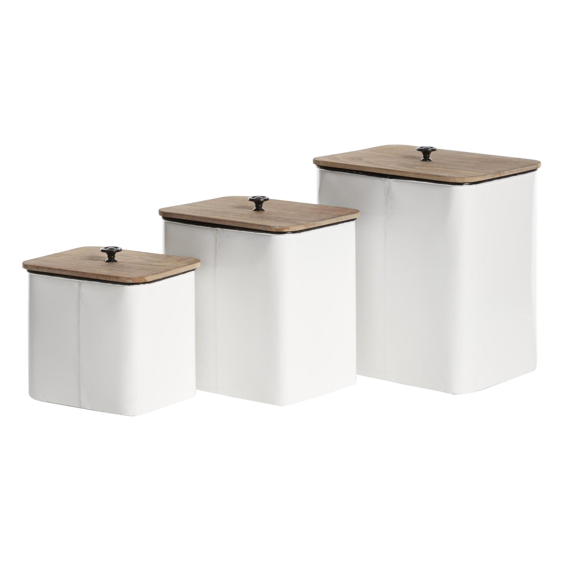 Set of 3 White Metal Farm House Decorative Canisters with Wood Lids and Black Accents
