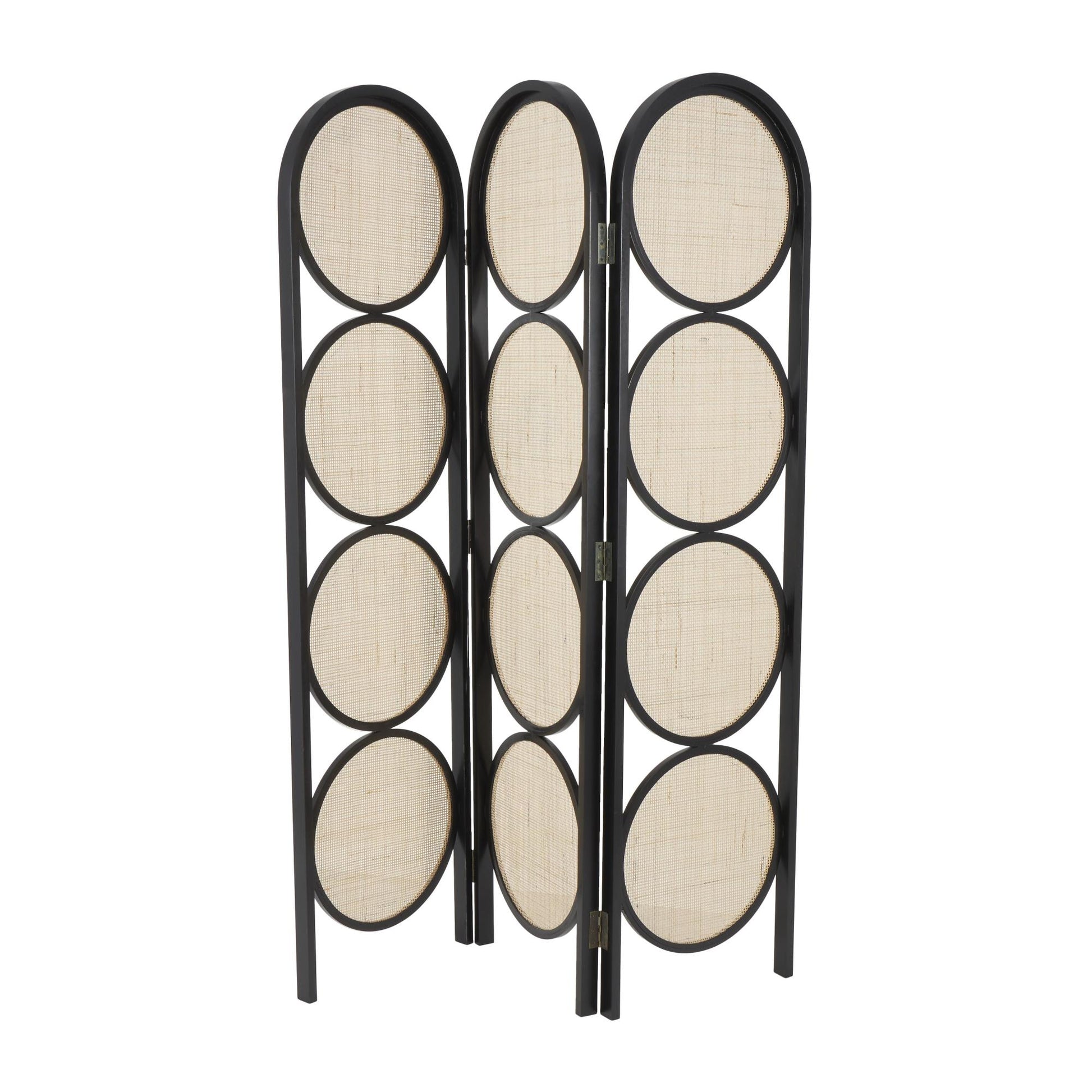 Geometric Black Wooden Handmade Arched Foldable 3 Panel Partition Room Divider Screen with Woven Cutouts