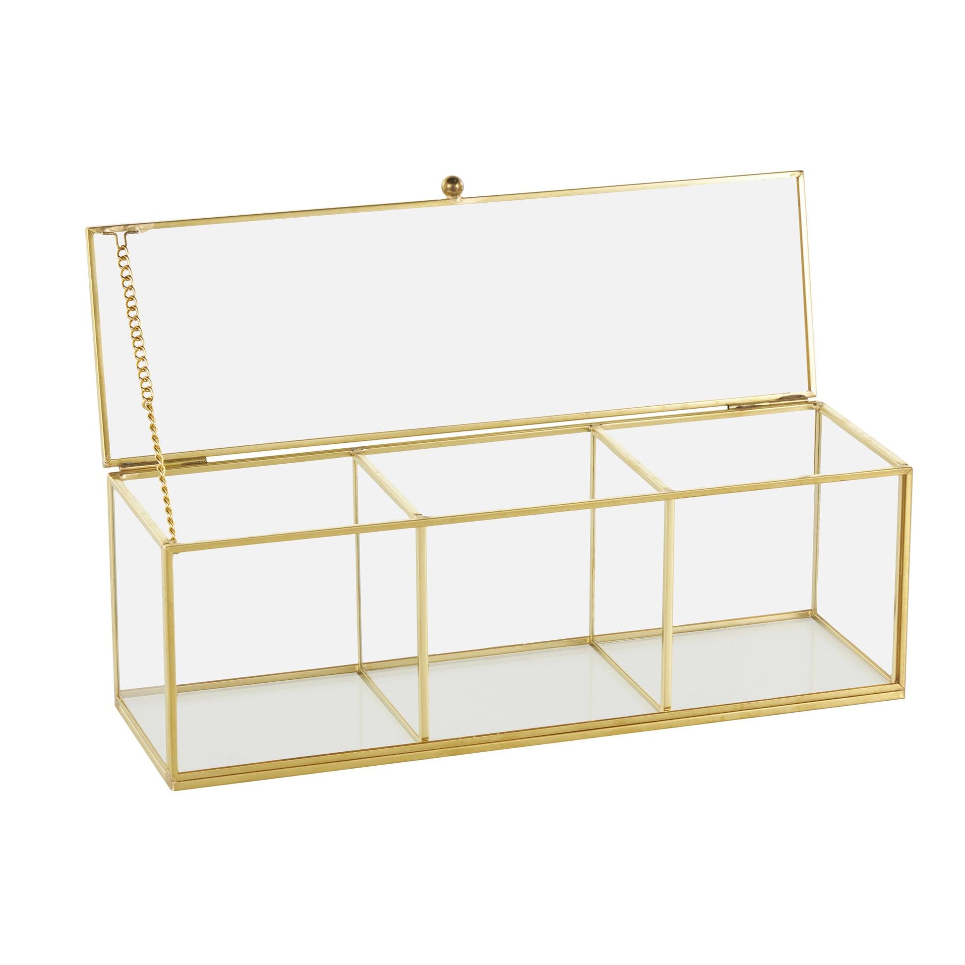 Clear Glass Slim Rectangular 3 Slot Decorative Jewelry Box with Gold Metal Frame and Chain Accent