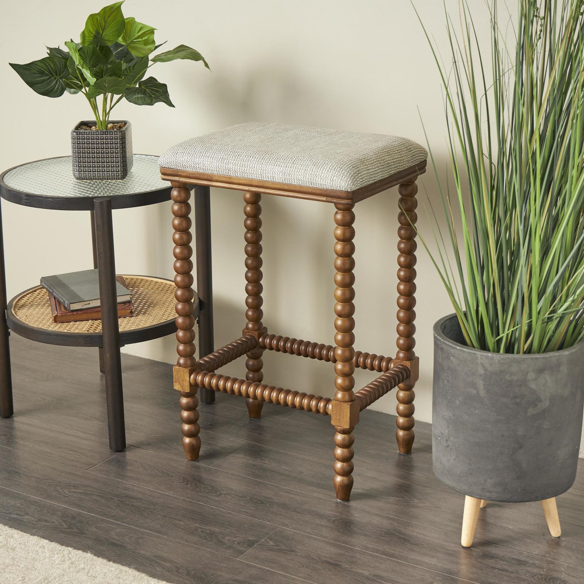 Fabric Home Bench Stool with Traditional Wood Turned Legs