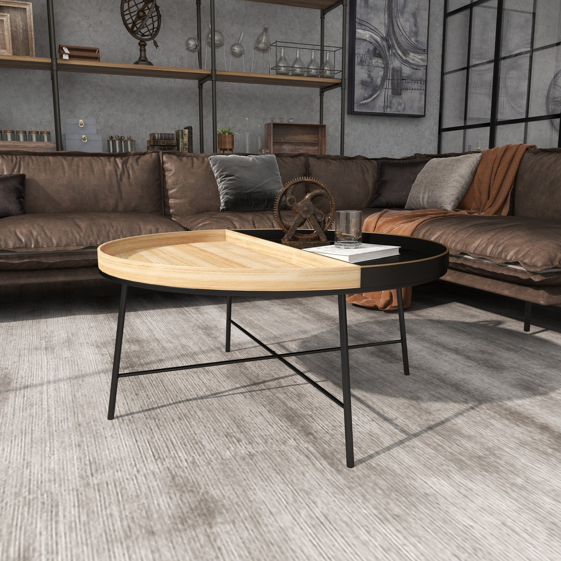 Black Metal Two-Toned Wood Split Tray Living Room Coffee Table