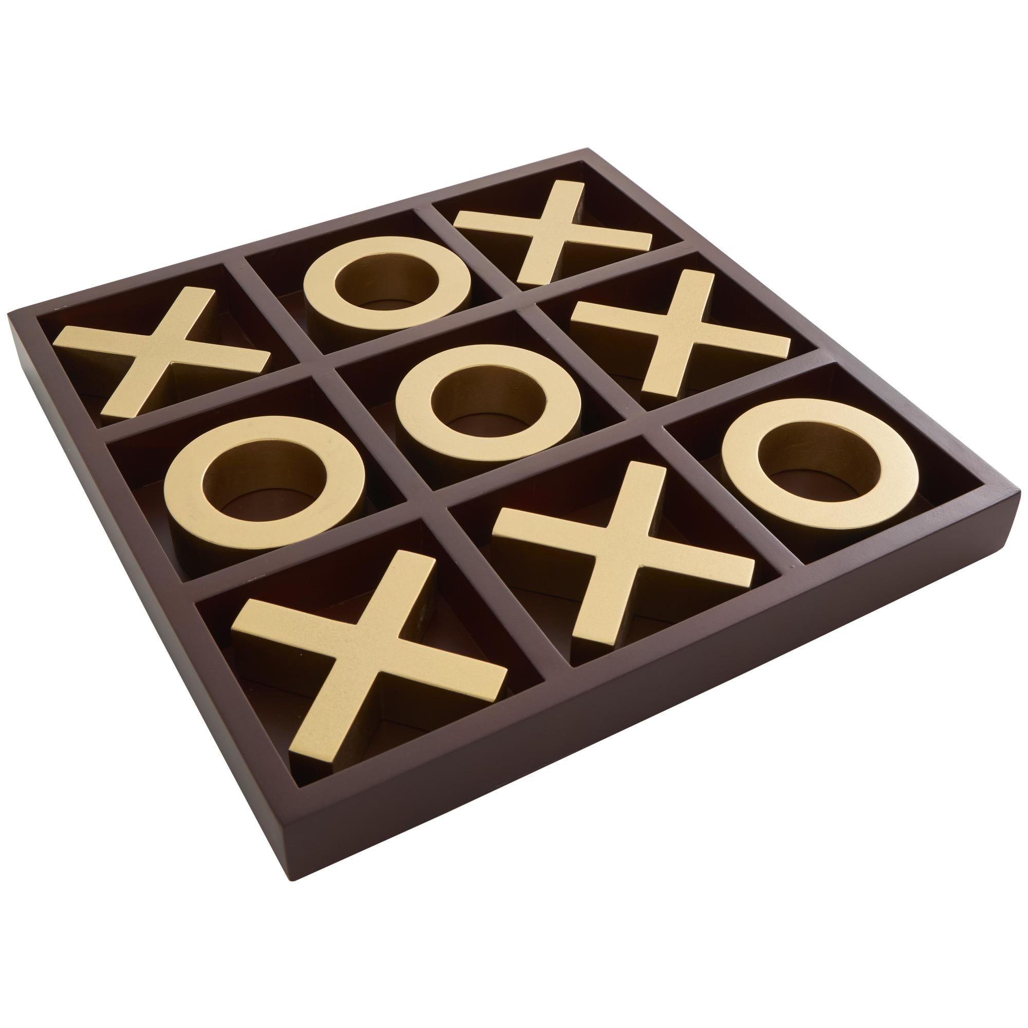 Tic Tac Toe Brown Wooden Home Decor Game Set with Gold X and O Pieces