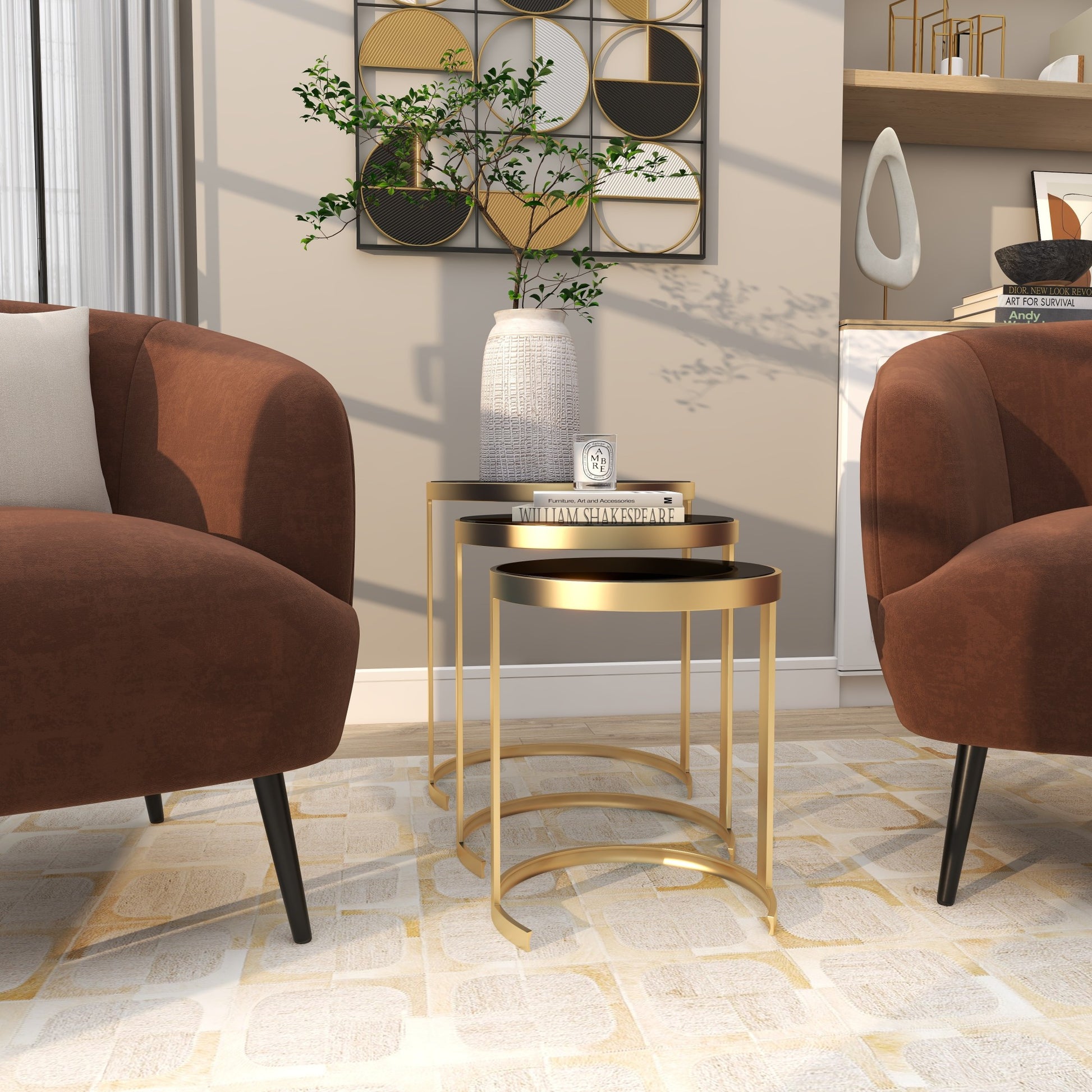Set of 3 Metal Round Nesting Side End Accent Table with Black Glass Top