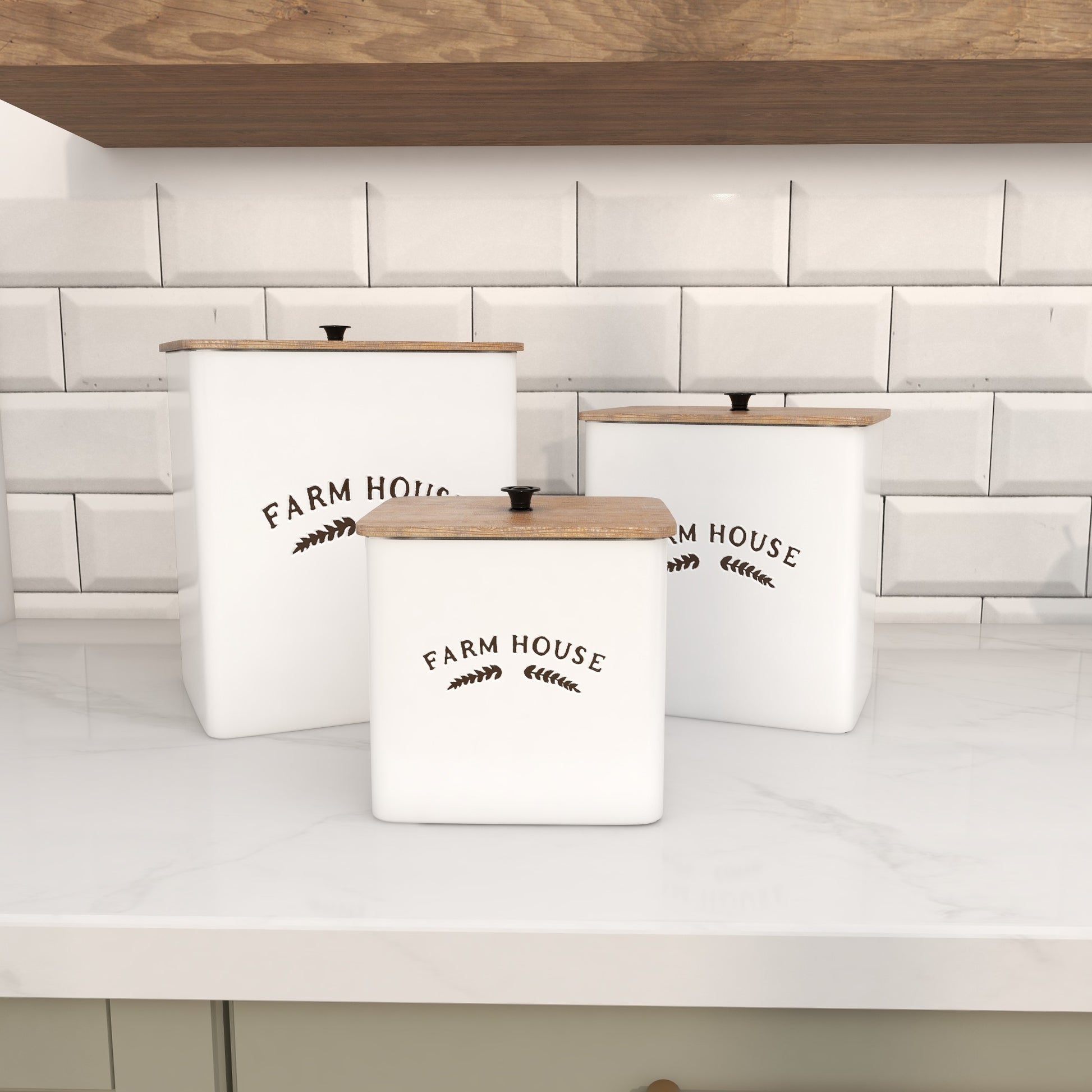 Set of 3 White Metal Farm House Decorative Canisters with Wood Lids and Black Accents
