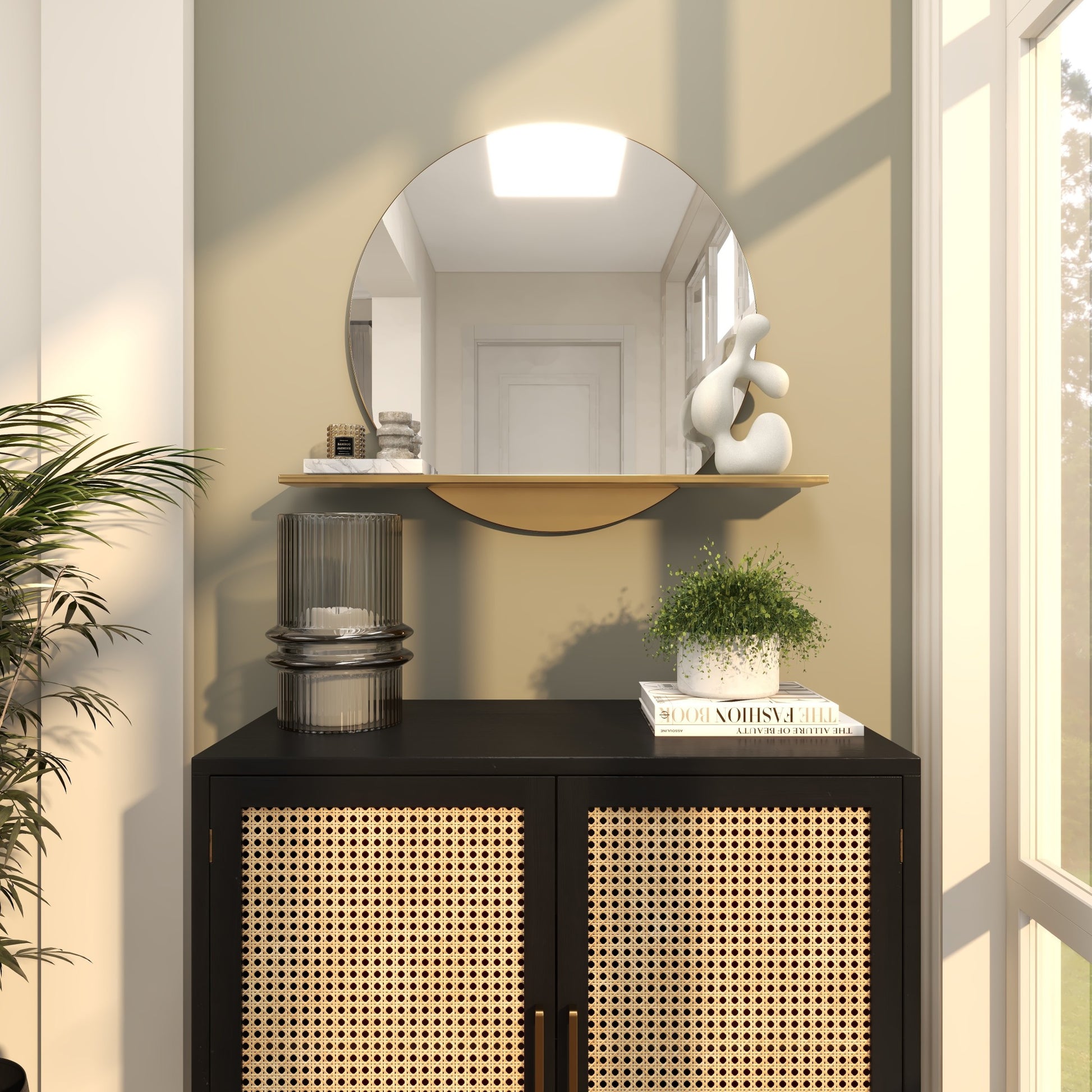 Gold Metal Round 1 Shelf Room Wall Mirror