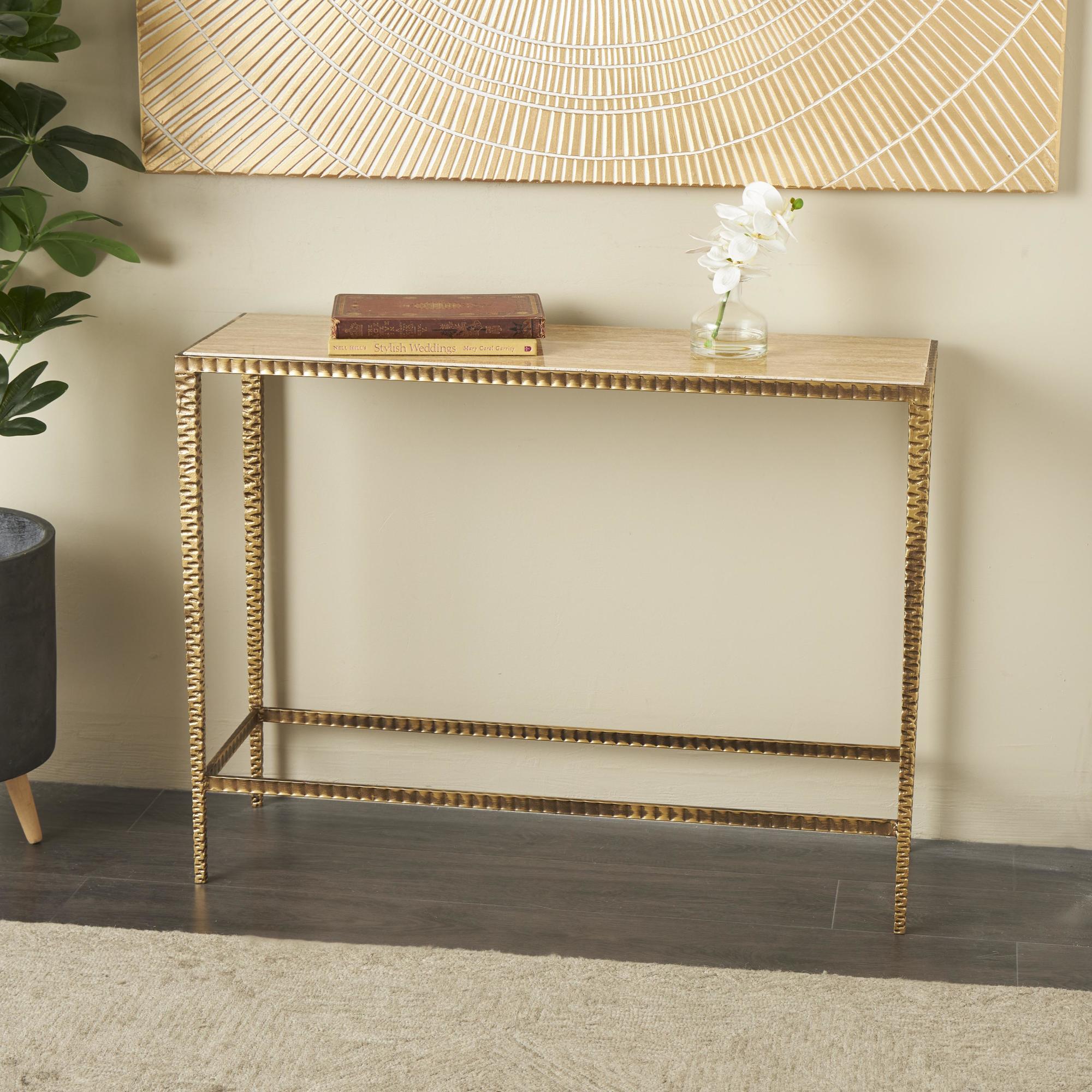 Beige Marble Slim Rectangular Living Room Console Table with Hammered Gold Metal Legs