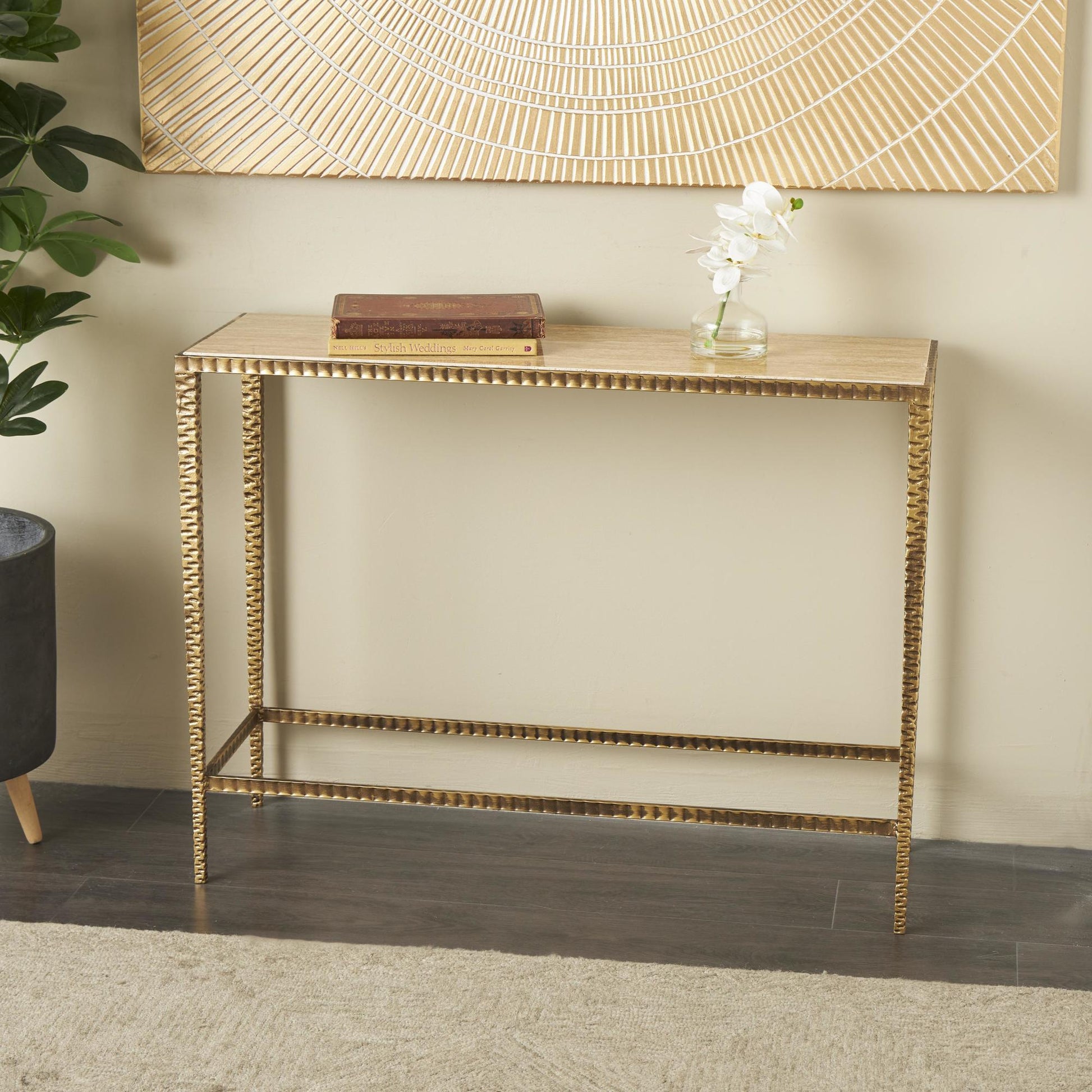 Beige Marble Slim Rectangular Living Room Console Table with Hammered Gold Metal Legs