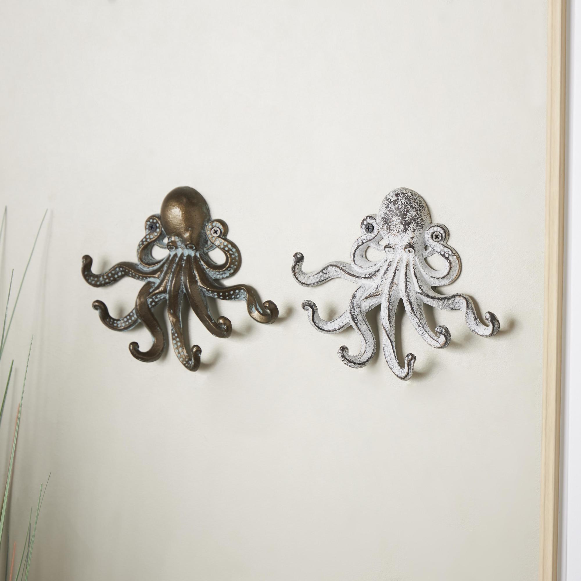 Set of 2 Octopus Bronze Metal 6 Hangers Home Wall Hook