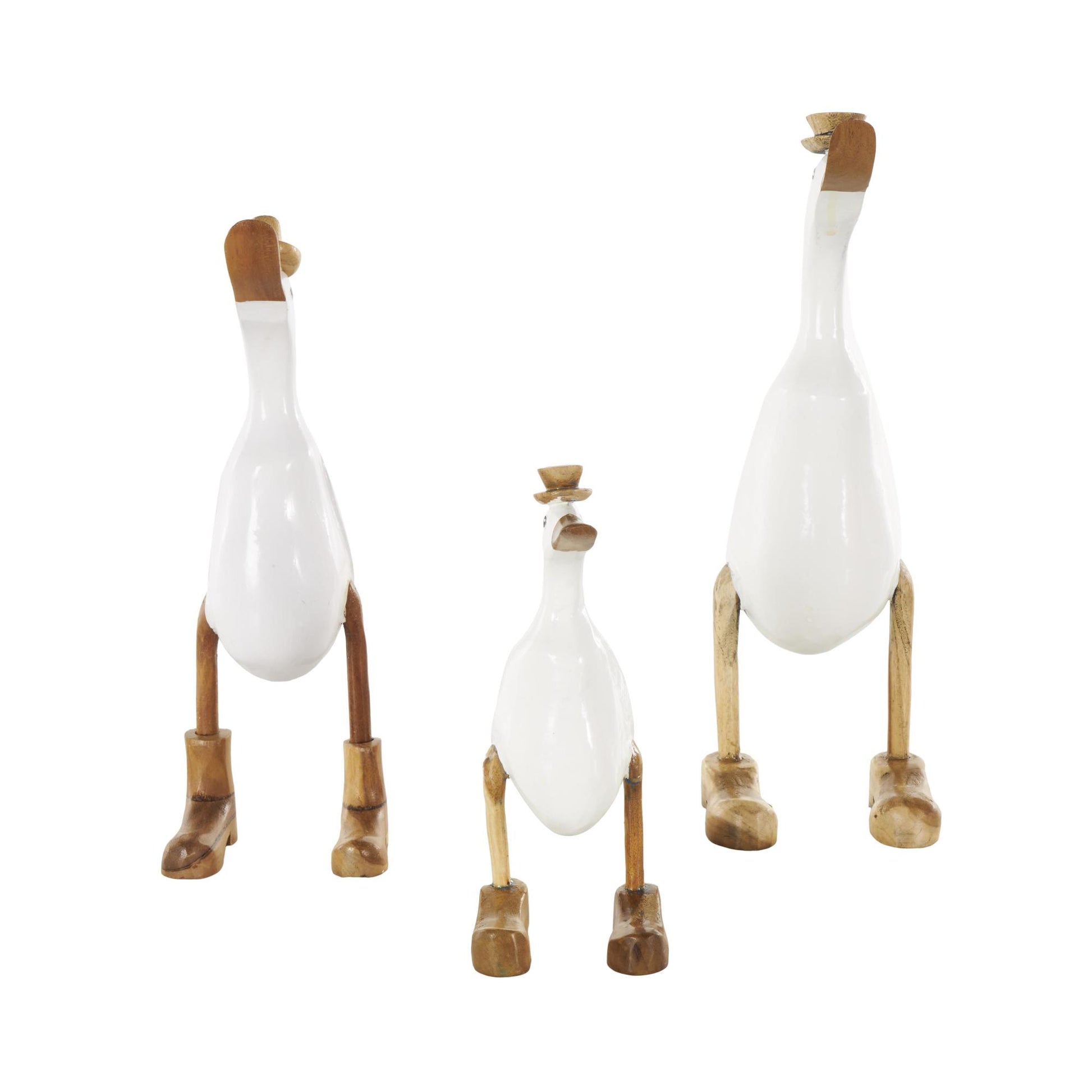 Set of 3 Duck White Bamboo Wood Decorative Sculpture with Brown Top Hats and Shoes