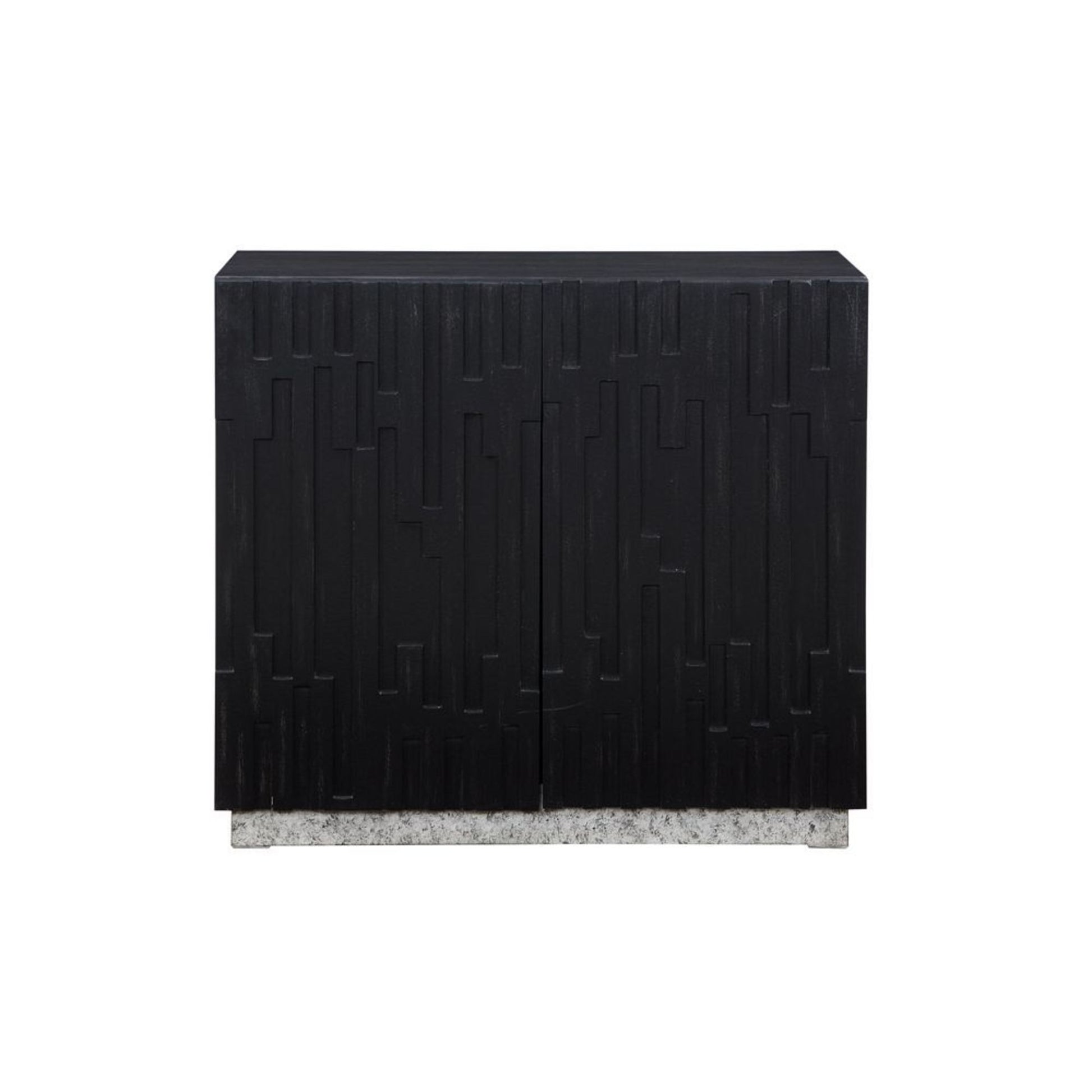 Geometric Black Wooden Carved Abstract 2 Door Room Cabinet with White Textured Block Base