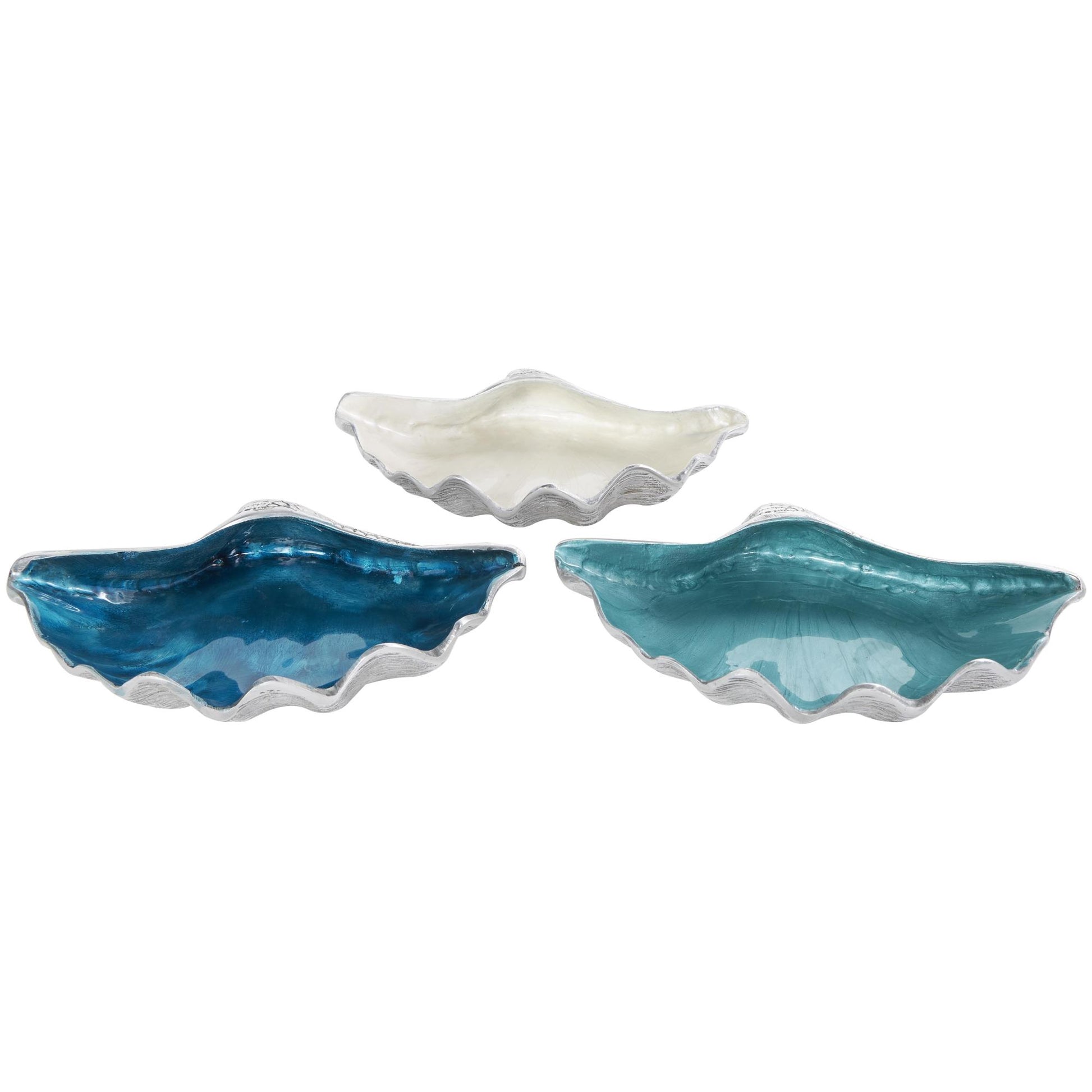 Set of 3 Shell Multi Colored Aluminum Metal Handmade Enameled Large Decorative Bowl with Textured Silver Bases