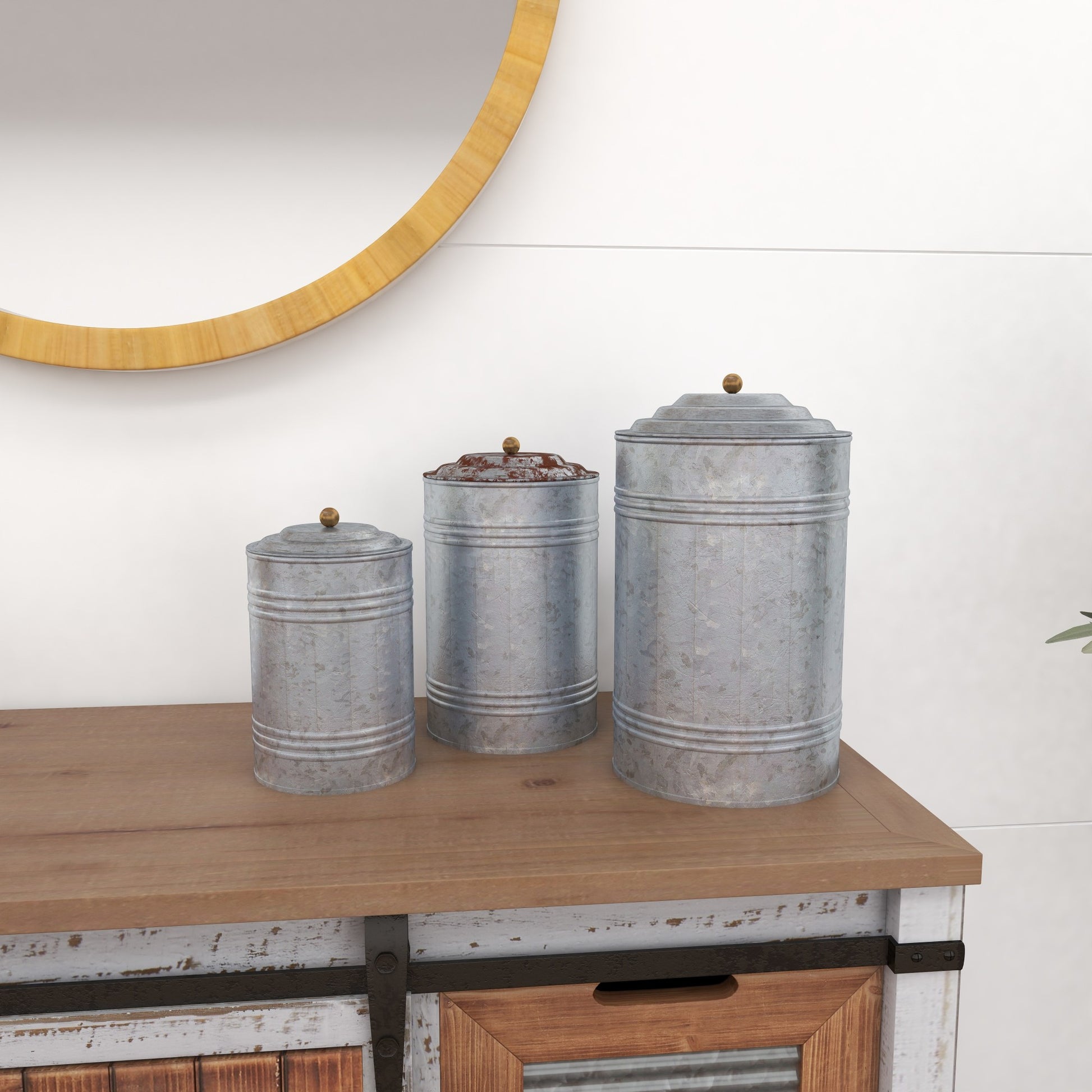 Set of 3 Gray Metal Galvanized Ribbed Living Room Decorative Jars with Gold Ball Knobs