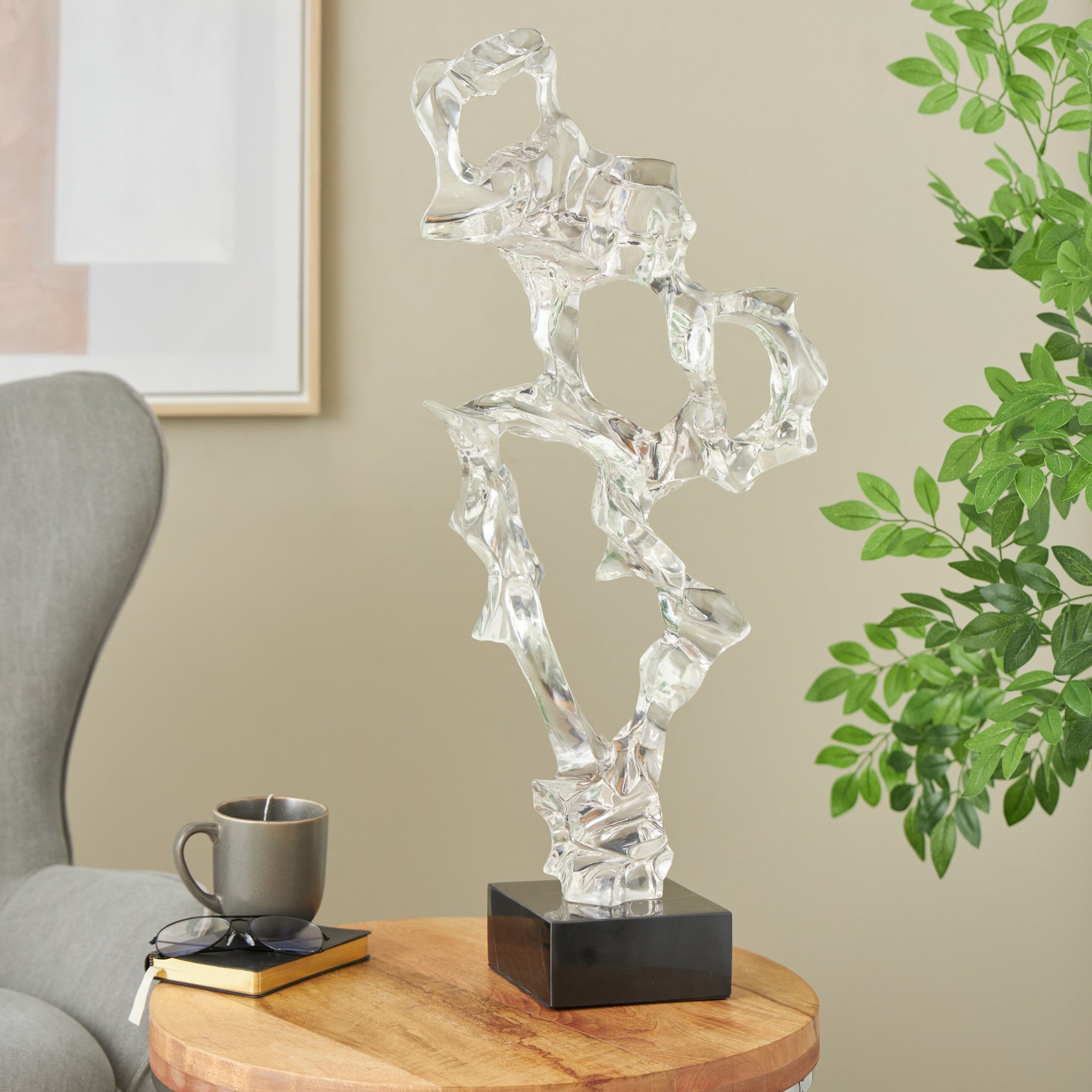 Abstract Clear Resin Decorative Sculpture with Black Square Base