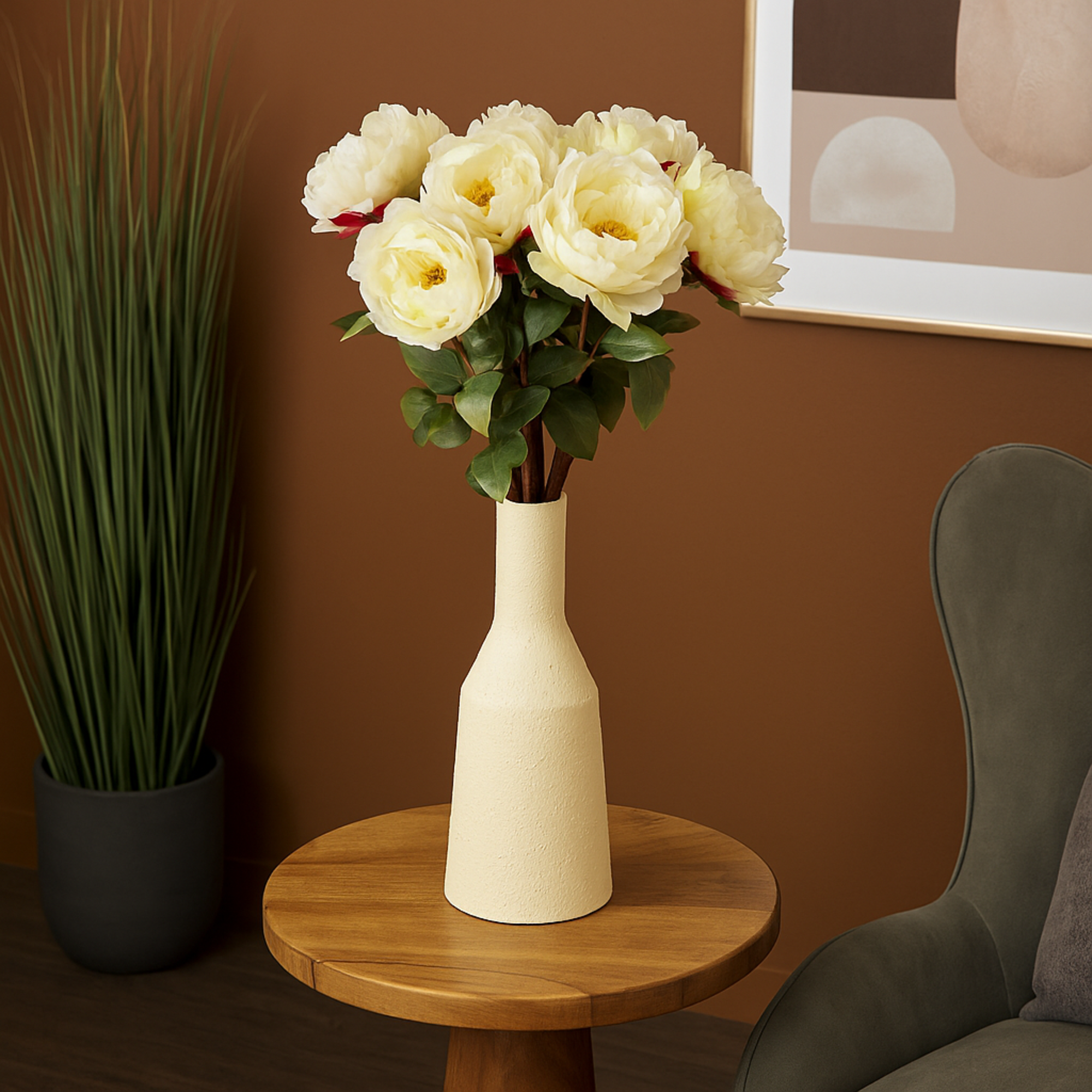 Set of 8 Peony White Faux Foliage Tall Indoor Outdoor Artificial Flower Stem with Pink Accents