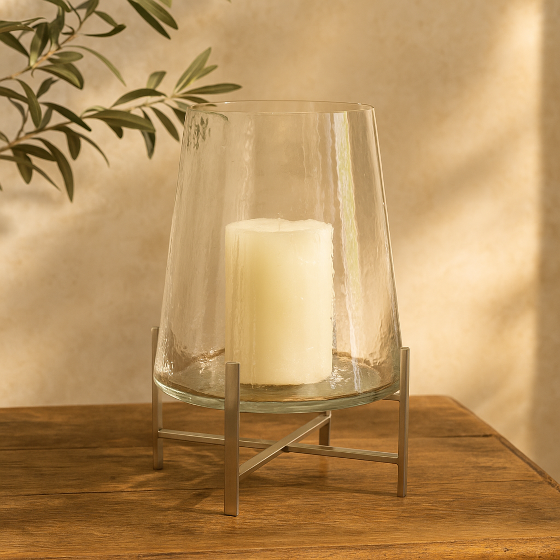 Clear Stainless Steel Metal Room Hurricane Lamp with Stainless Steel X Shaped Base