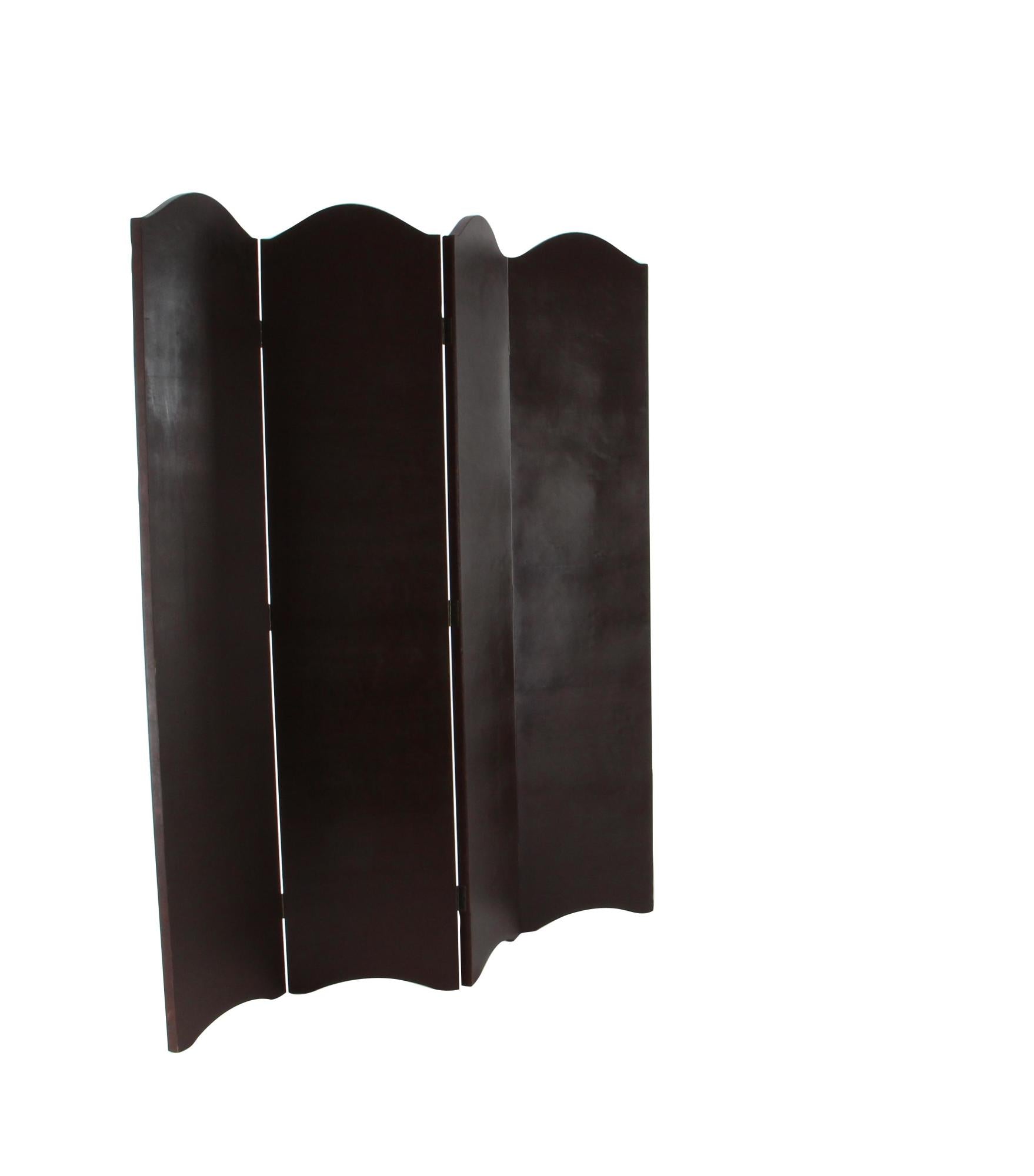 Scroll Brown Faux Leather Foldable Partition 4 Panel Partition Room Divider Screen with Faux Leather Detailing