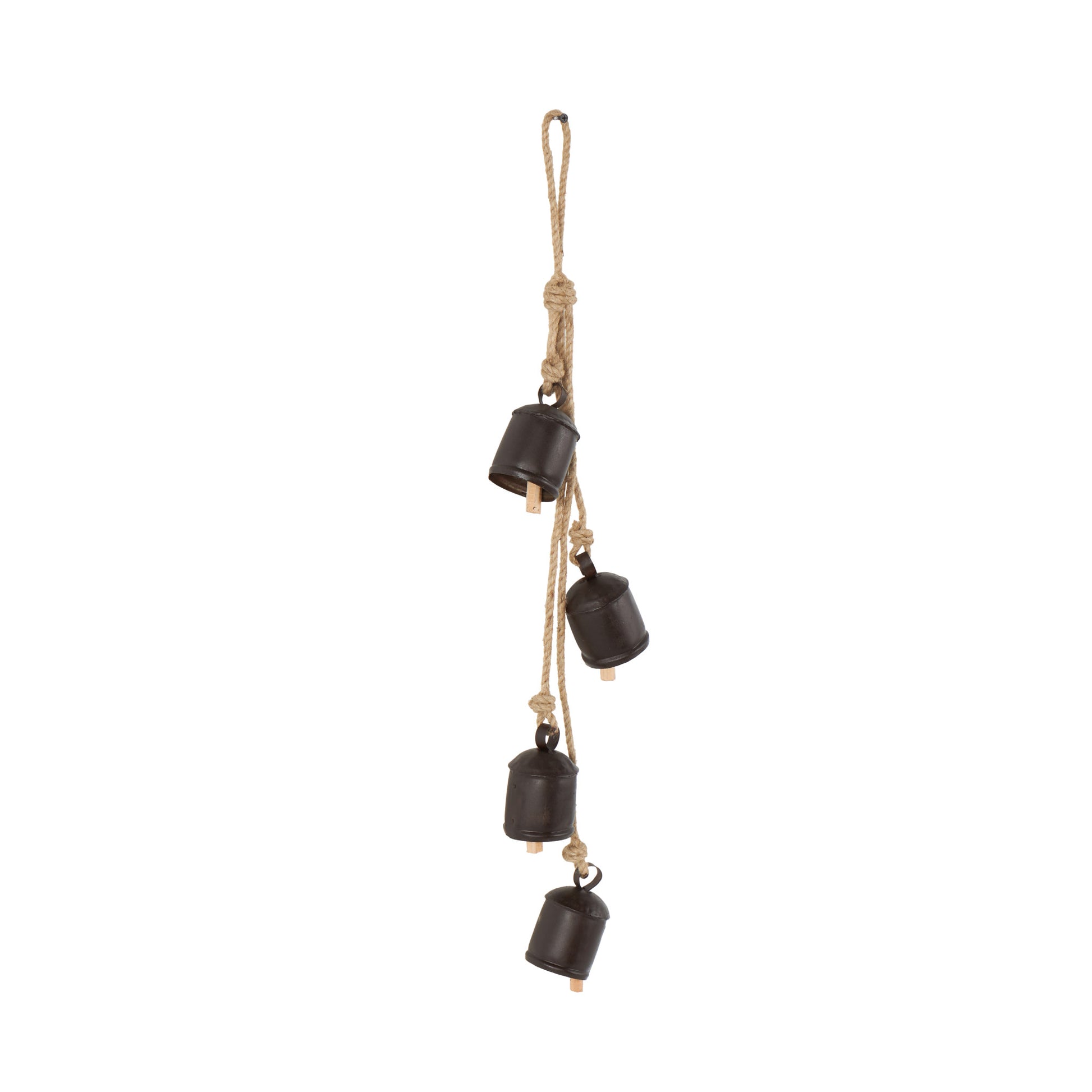 Metal Tibetan Inspired Indoor Outdoor Decorative Cow Bells with 4 Bells on Jute Hanging Rope