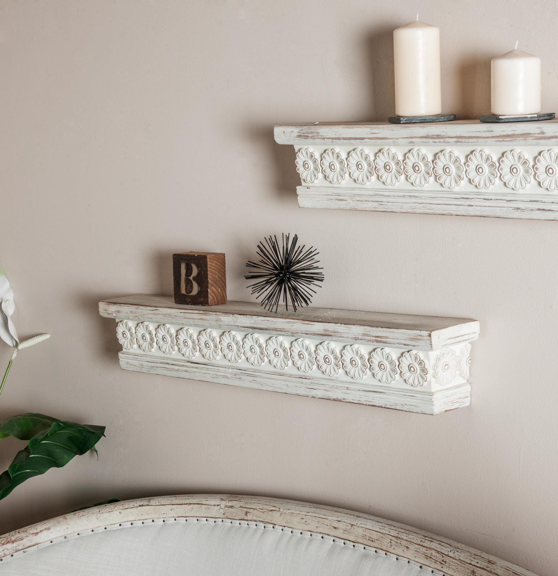 Floral White Wood Intricate Carved 1 Shelf Room Wall Shelf