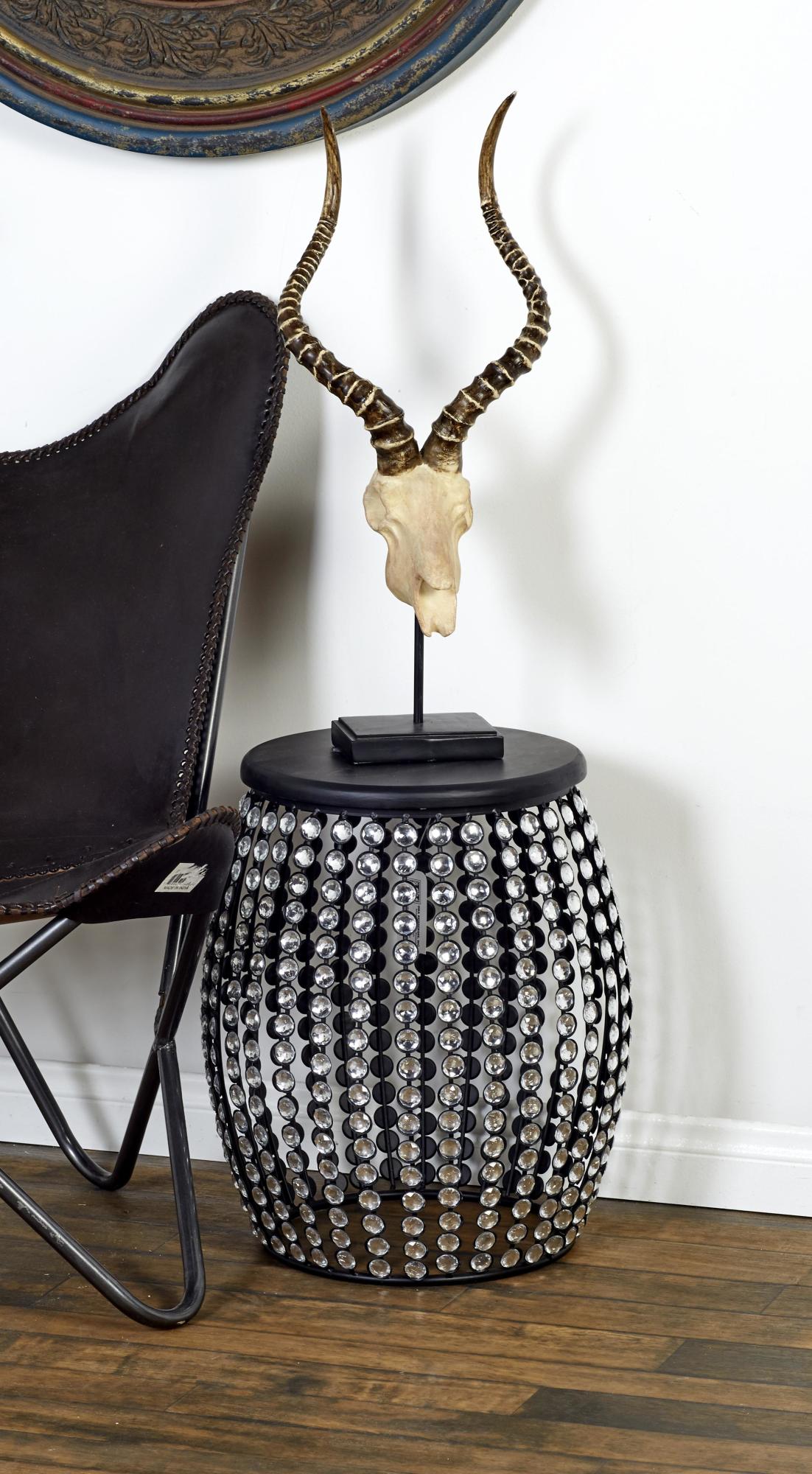 Metal Open Frame Side End Accent Table with Crystal Embellishments