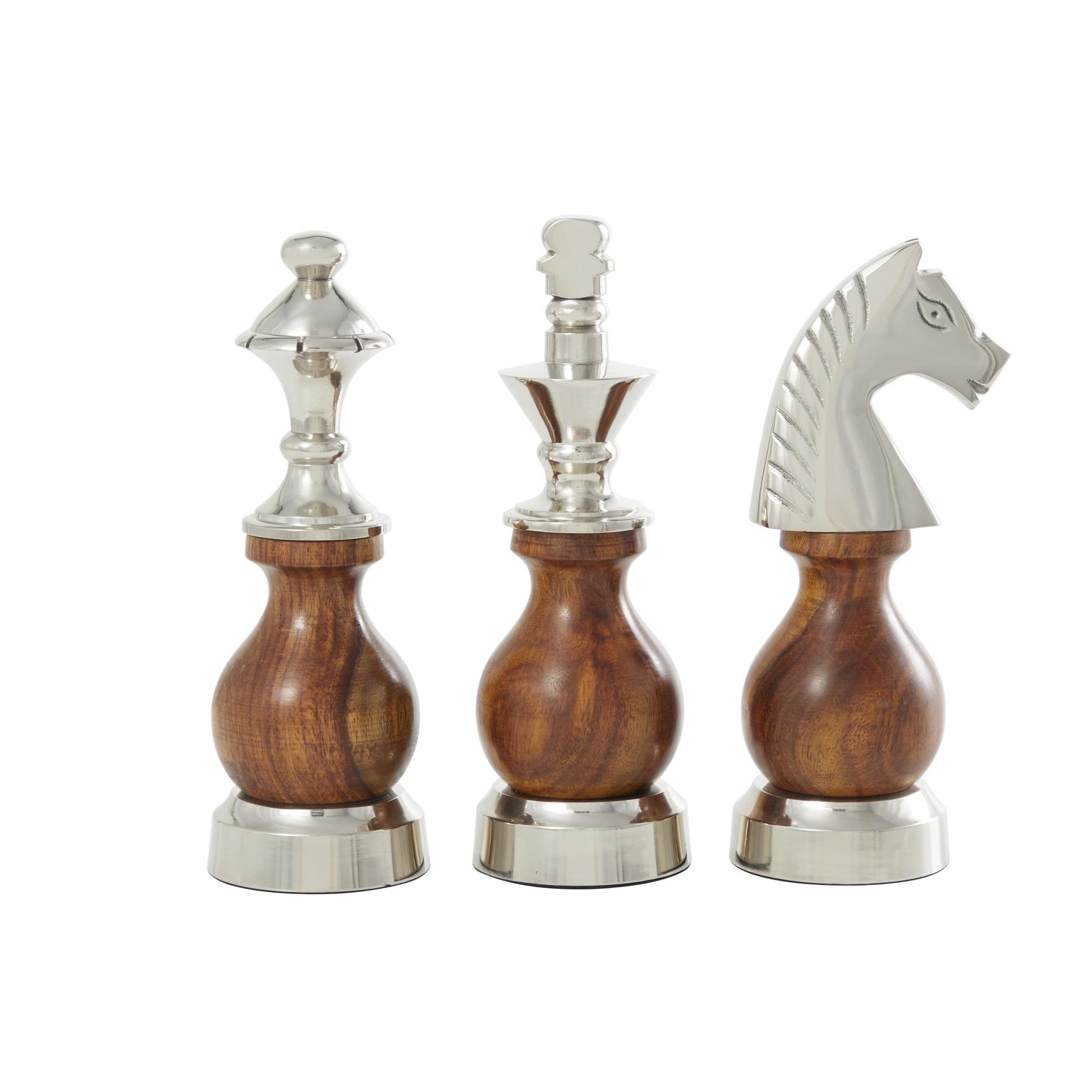 Set of 3 Chess Aluminum Metal King, Knight, Bishop Decorative Sculpture