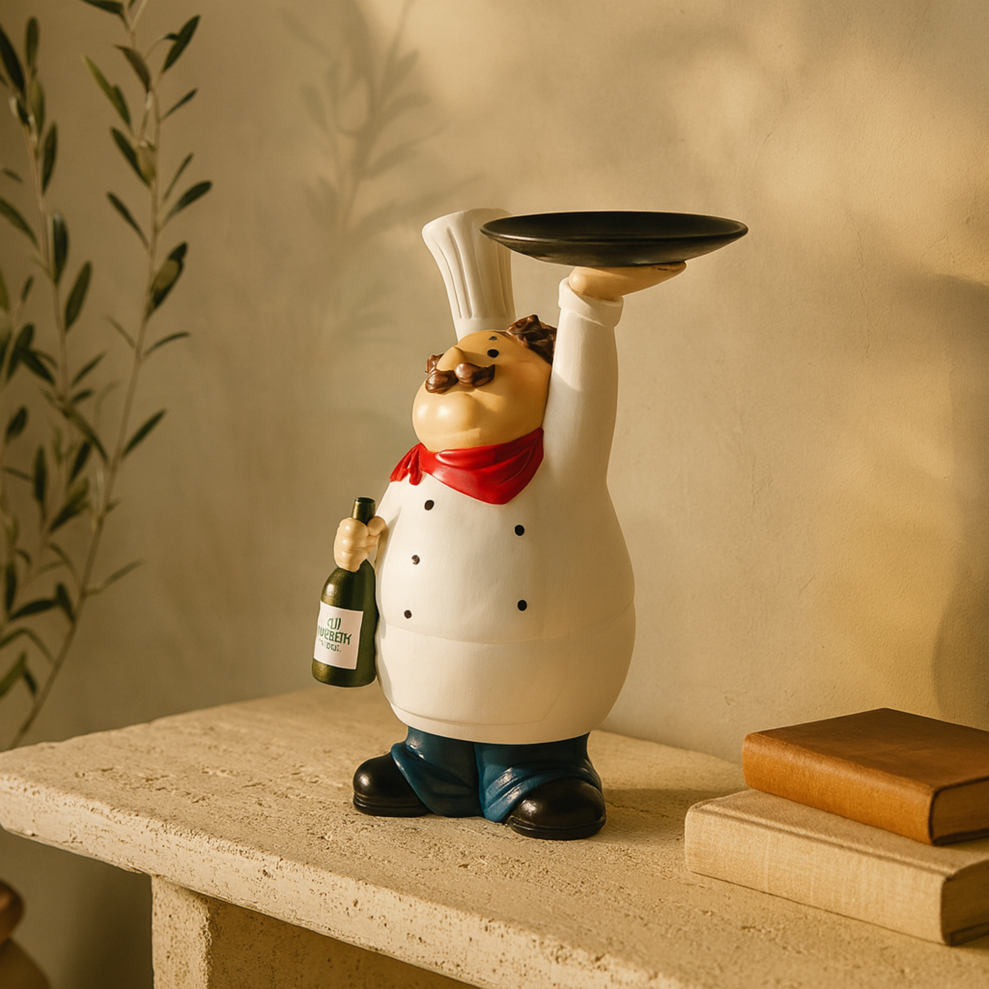Chef White Polystone Kitchen Decorative Figurine Decorative Sculpture with Black Tray and Green Bottle
