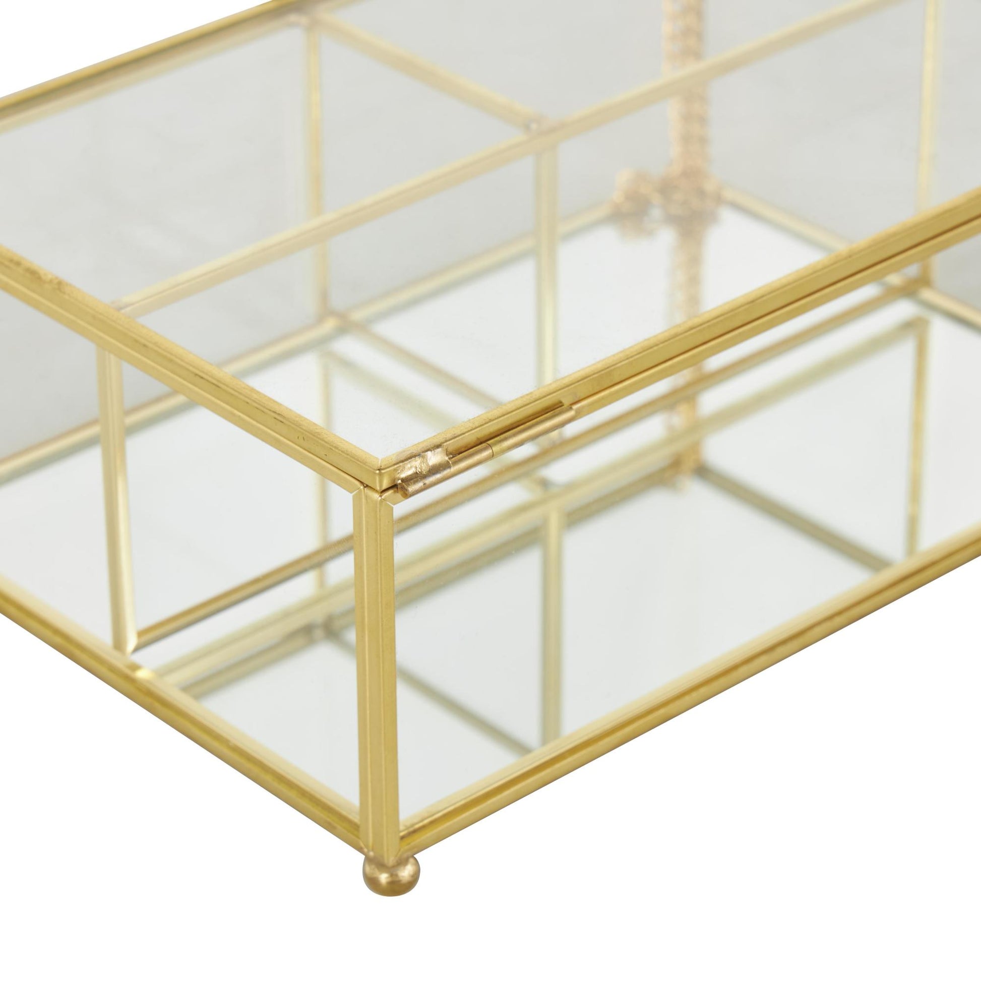Clear Glass 3 Slot Decorative Jewelry Box with Gold Metal Frame and Chain Accent