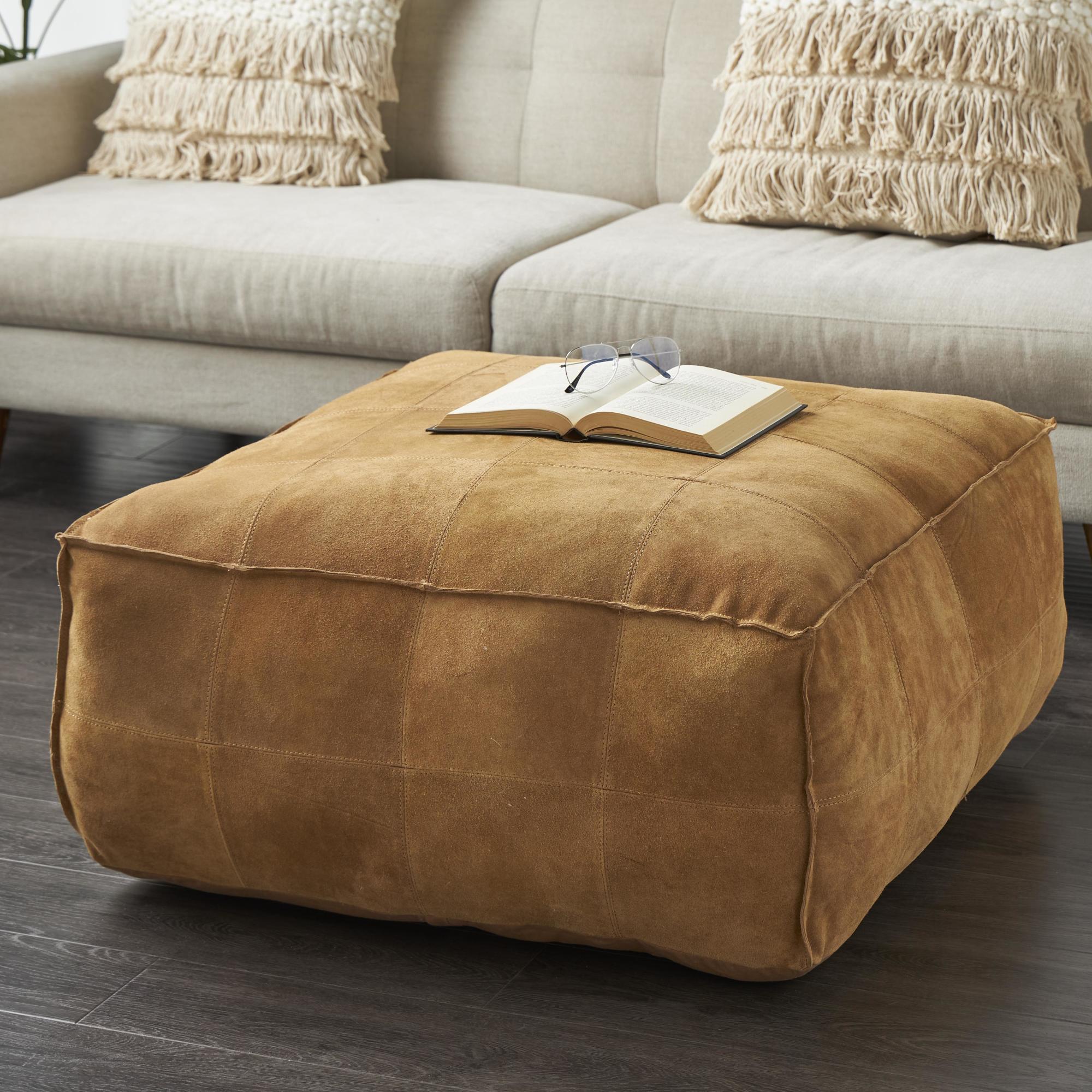 Leather Low Profile Square Stuffed Pouf with Patchwork Design