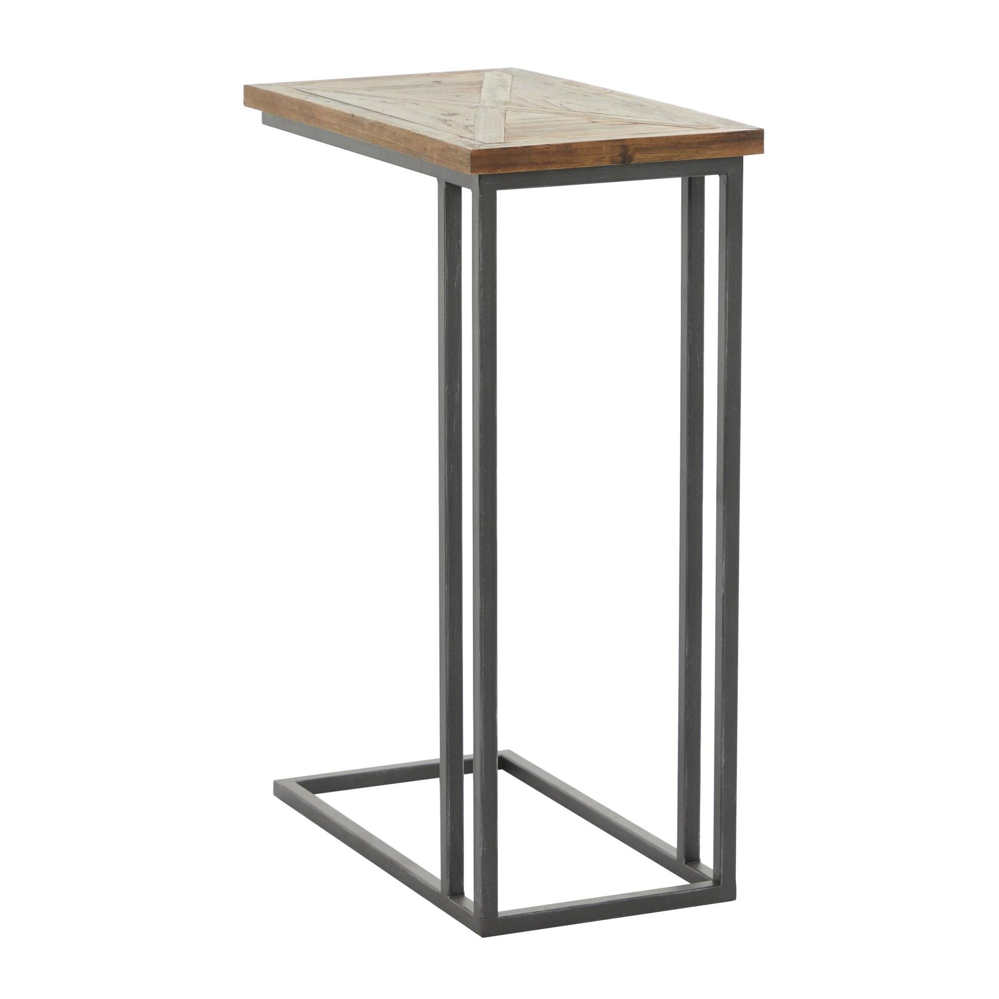 Black Metal C-Shaped Side End Accent Table with Brown Wood Top