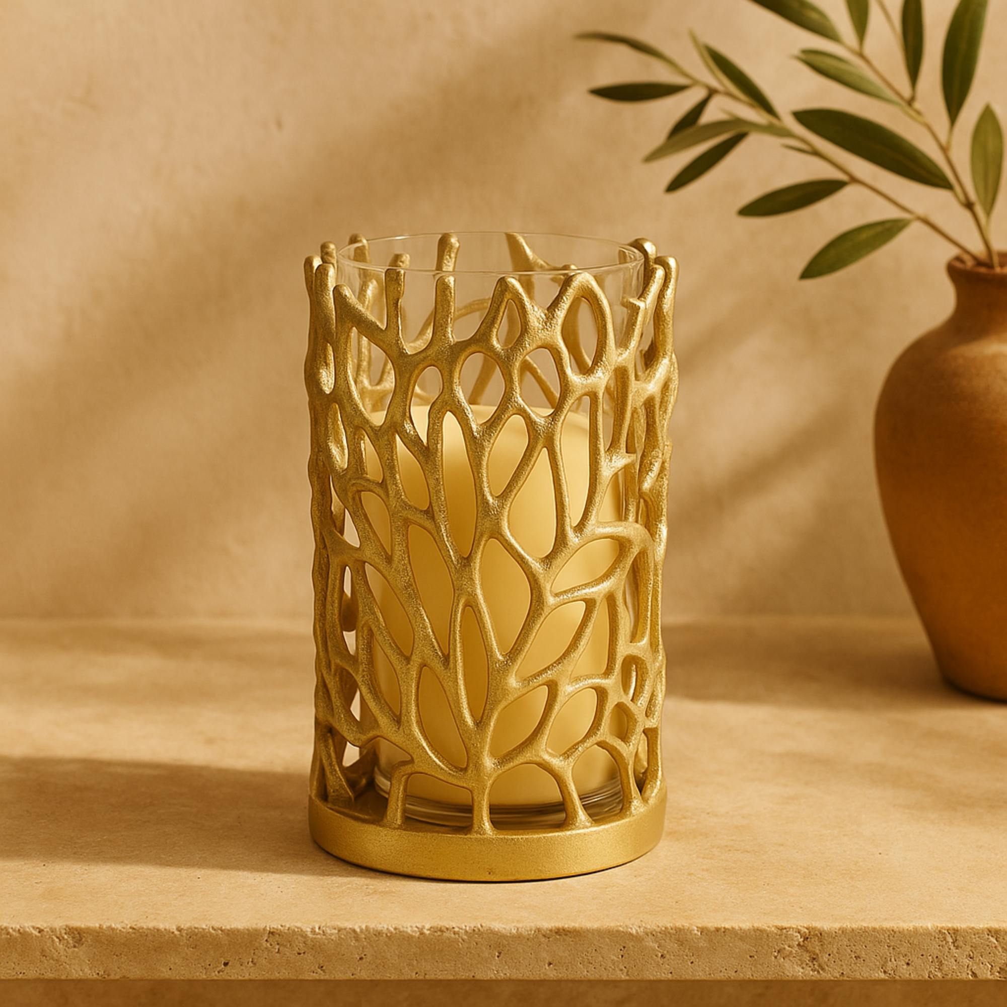 Coral Gold Aluminum Metal Decorative Indoor Outdoor Candle Lantern