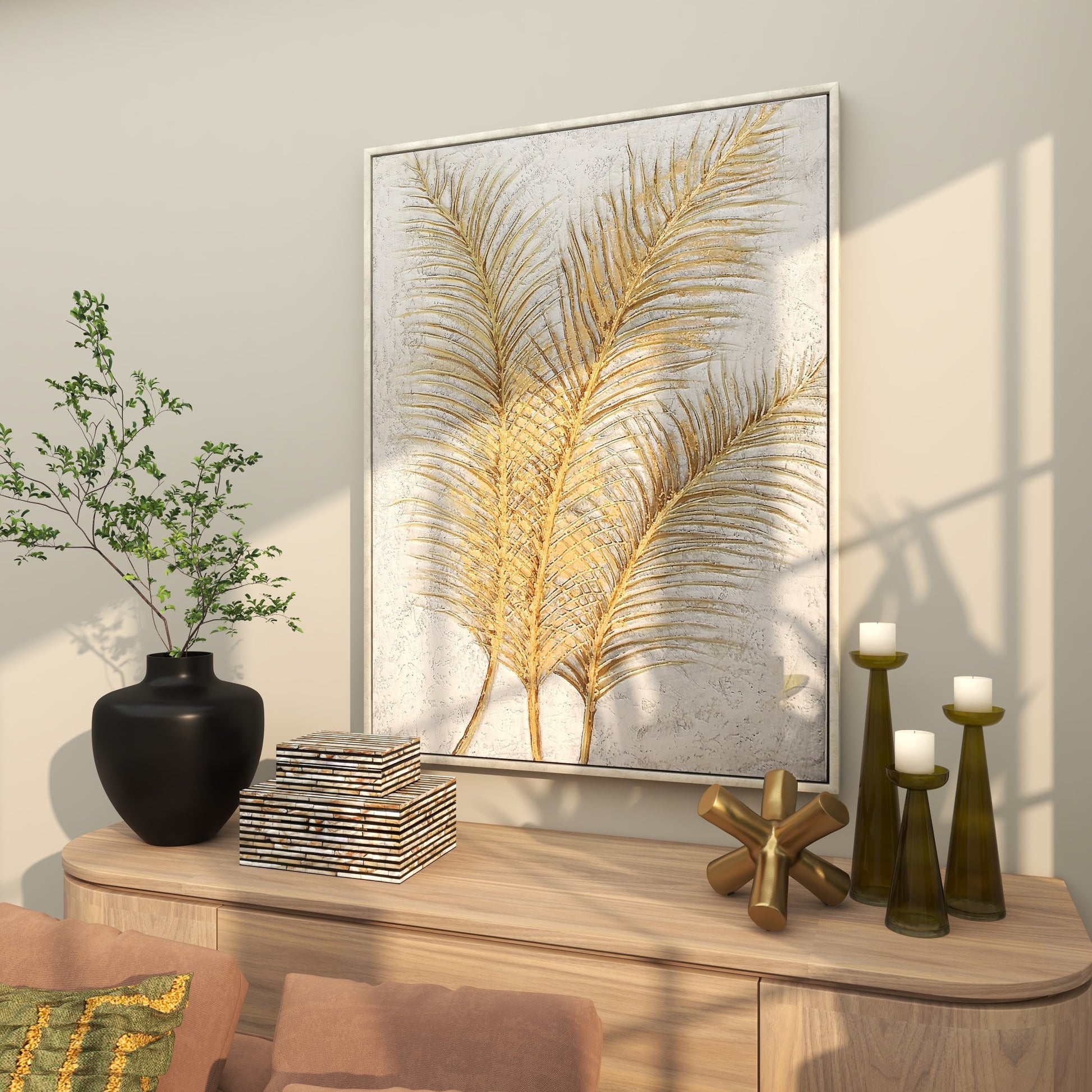 CosmoLiving by Cosmopolitan Leaf Gold Canvas Living Room Framed Wall Art with Silver Frame