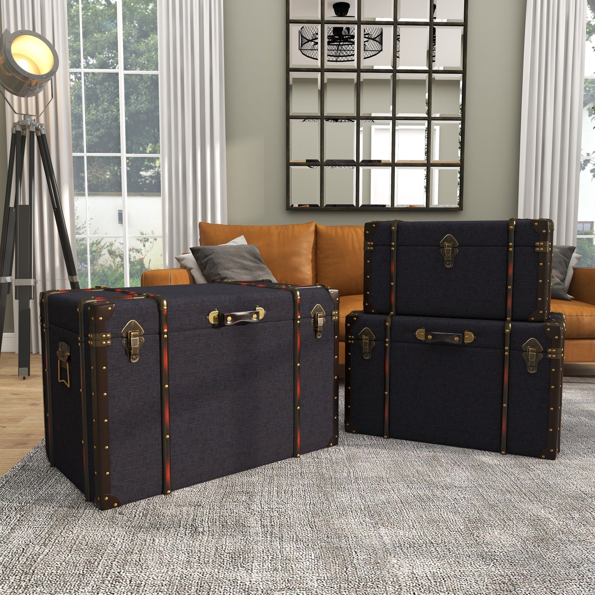 Set of 3 Blue Linen Fabric Nesting Upholstered Decorative Trunk with Buckle Hinged Top