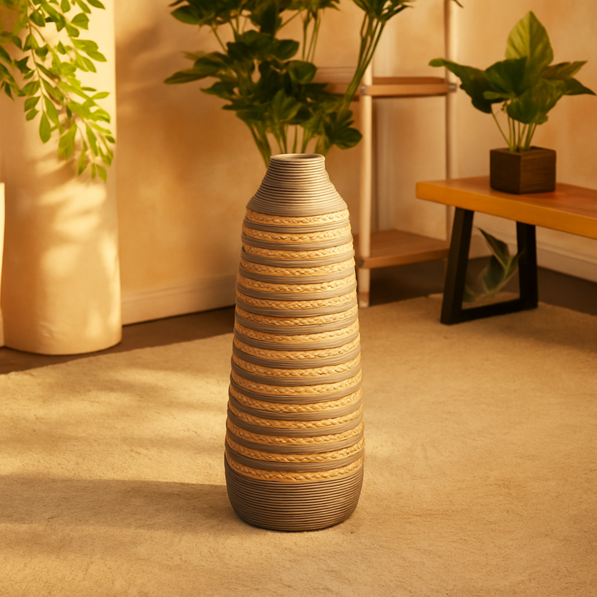 Brown Seagrass Handmade Braided Decorative Vase with Layered Gray Paneling