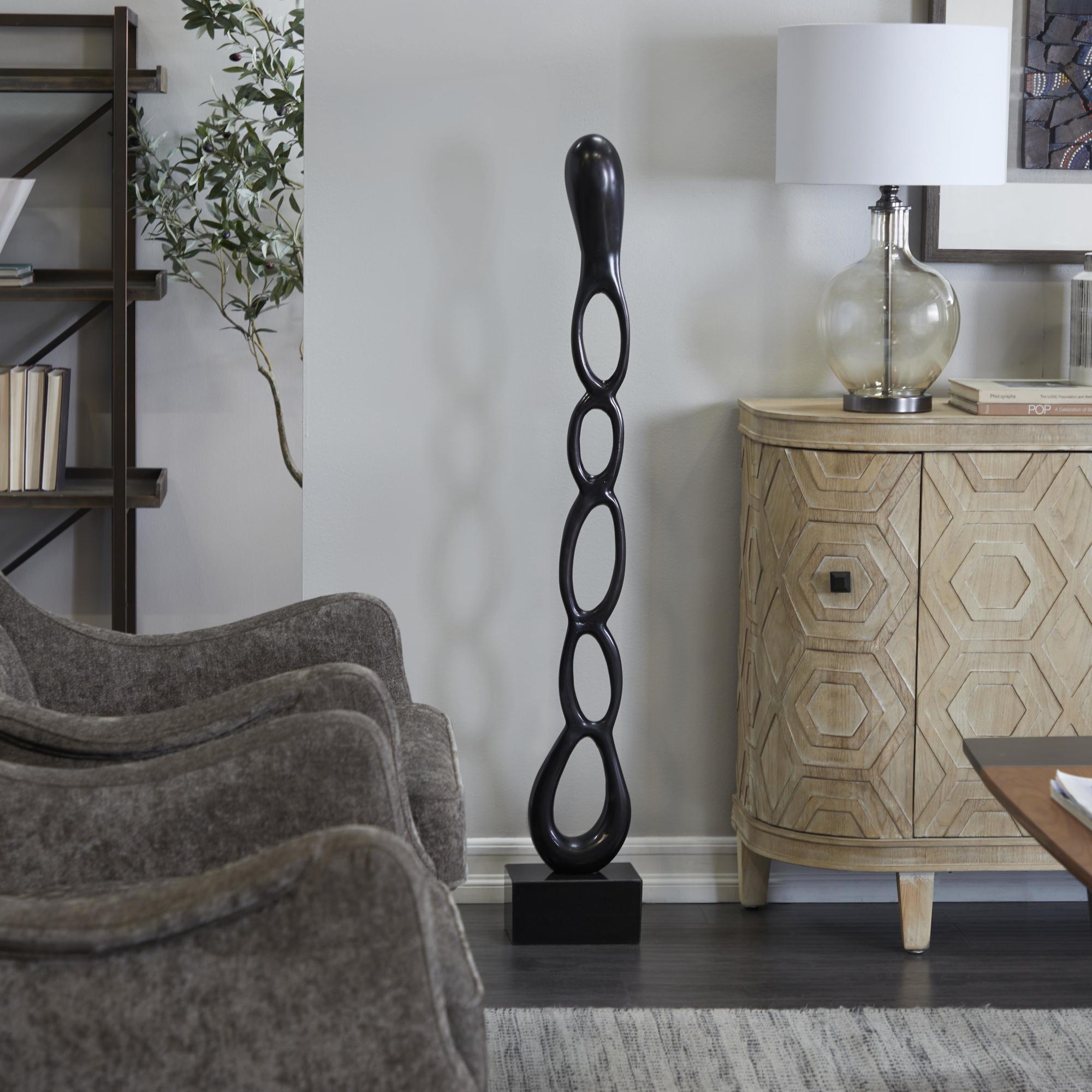 Abstract Aluminum Metal Tall Linked Floor Decorative Sculpture with Black Base