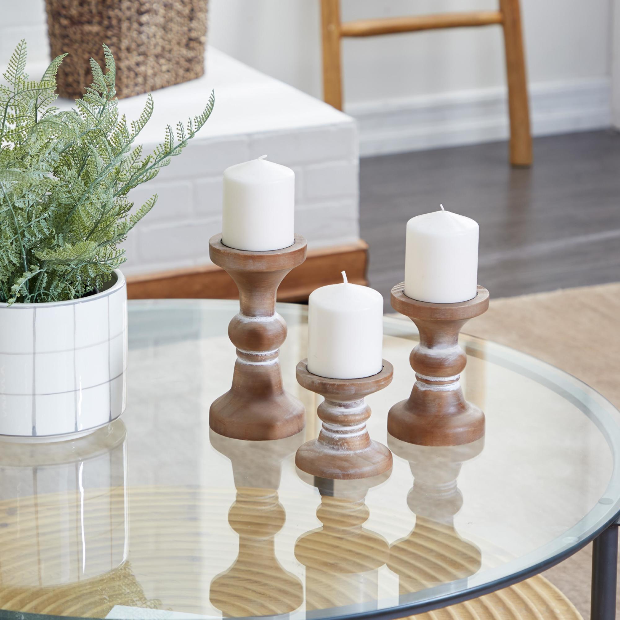 Set of 3 Wood Short Distressed Turned Decorative Candle Holder