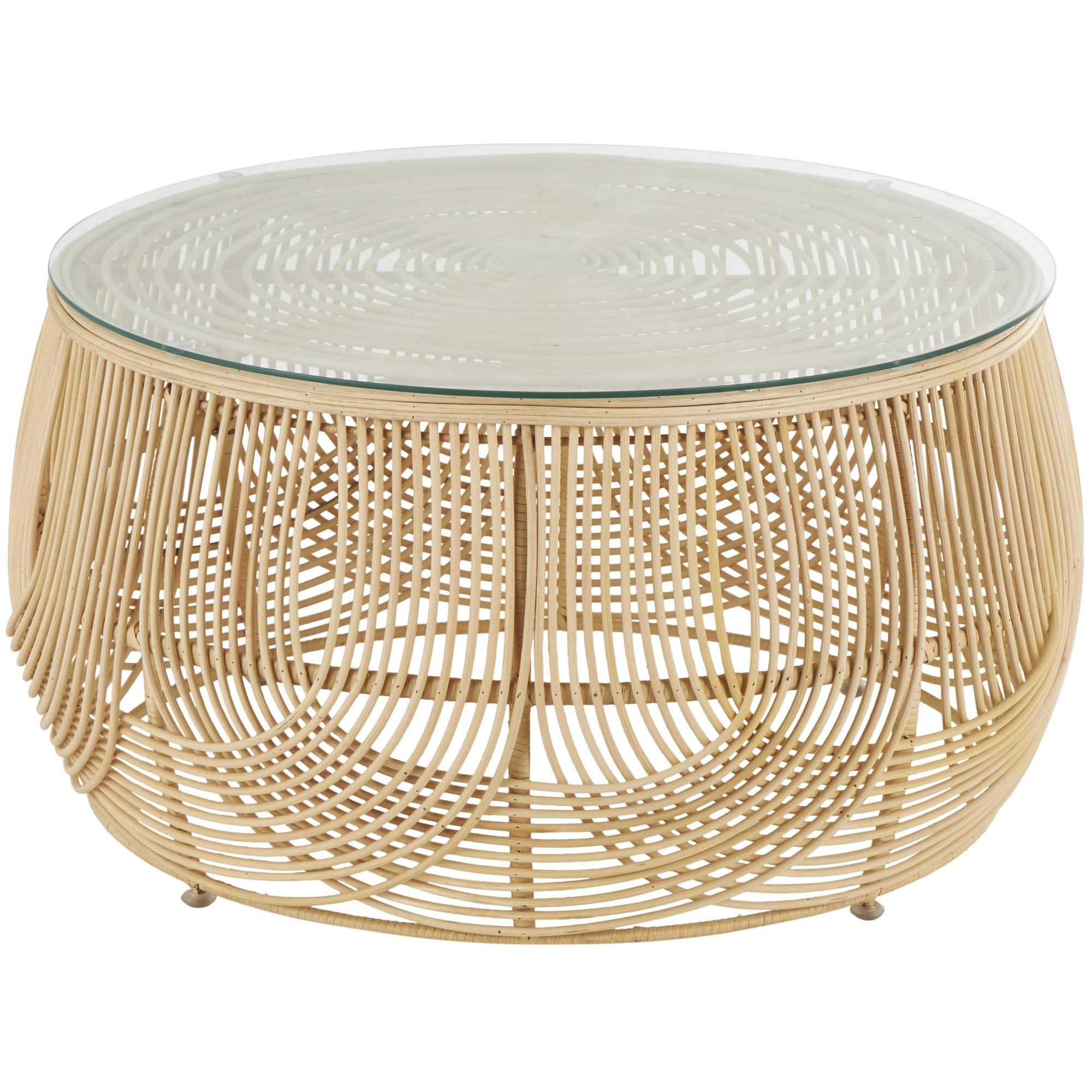 Light Brown Rattan Living Room Coffee Table with Glass Top