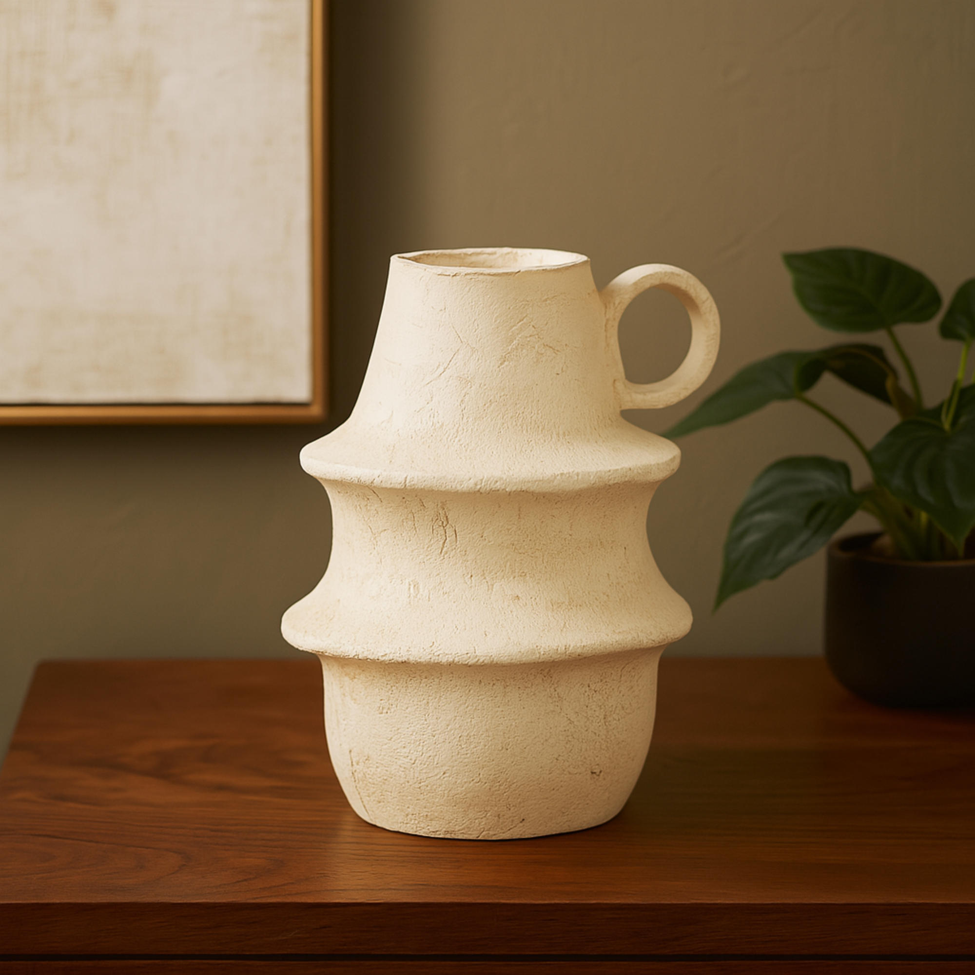 Cream Paper Mache Fluted Decorative Vase with Brown Distressed Texturing and Ring Handle