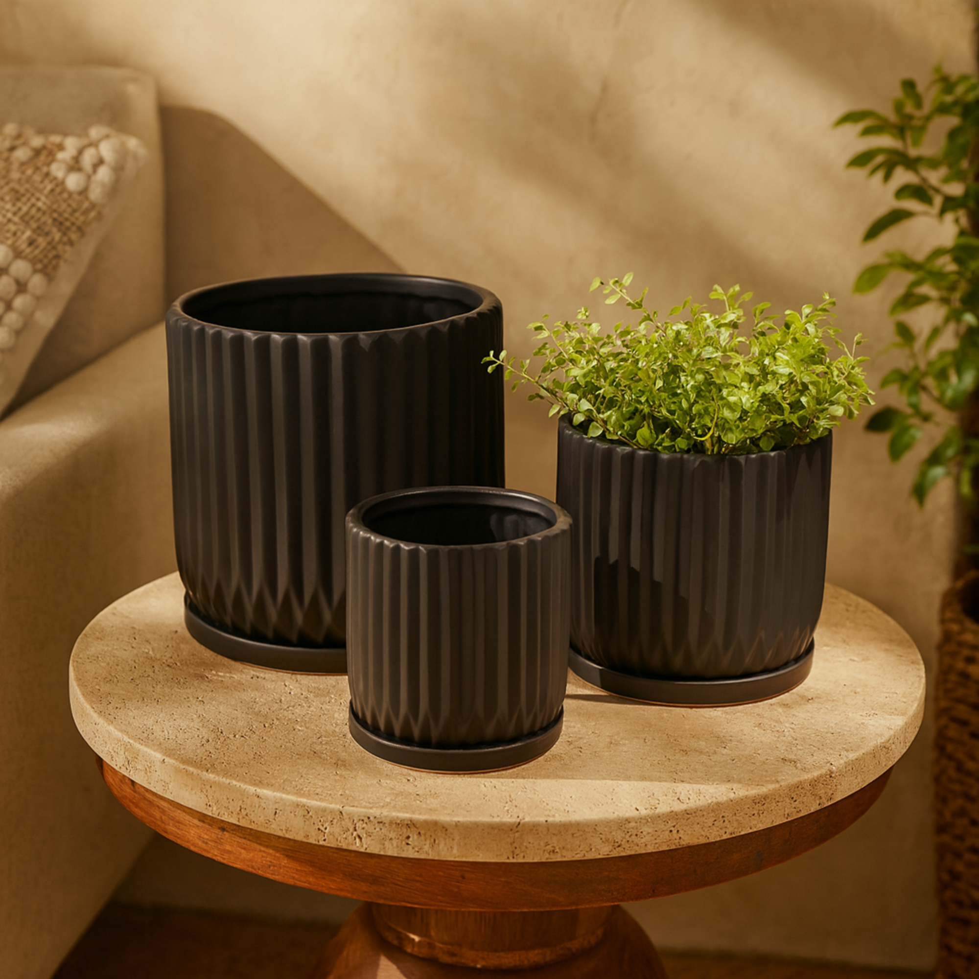 Set of 3 Ceramic Ribbed Indoor Outdoor Planter with Attached Saucer