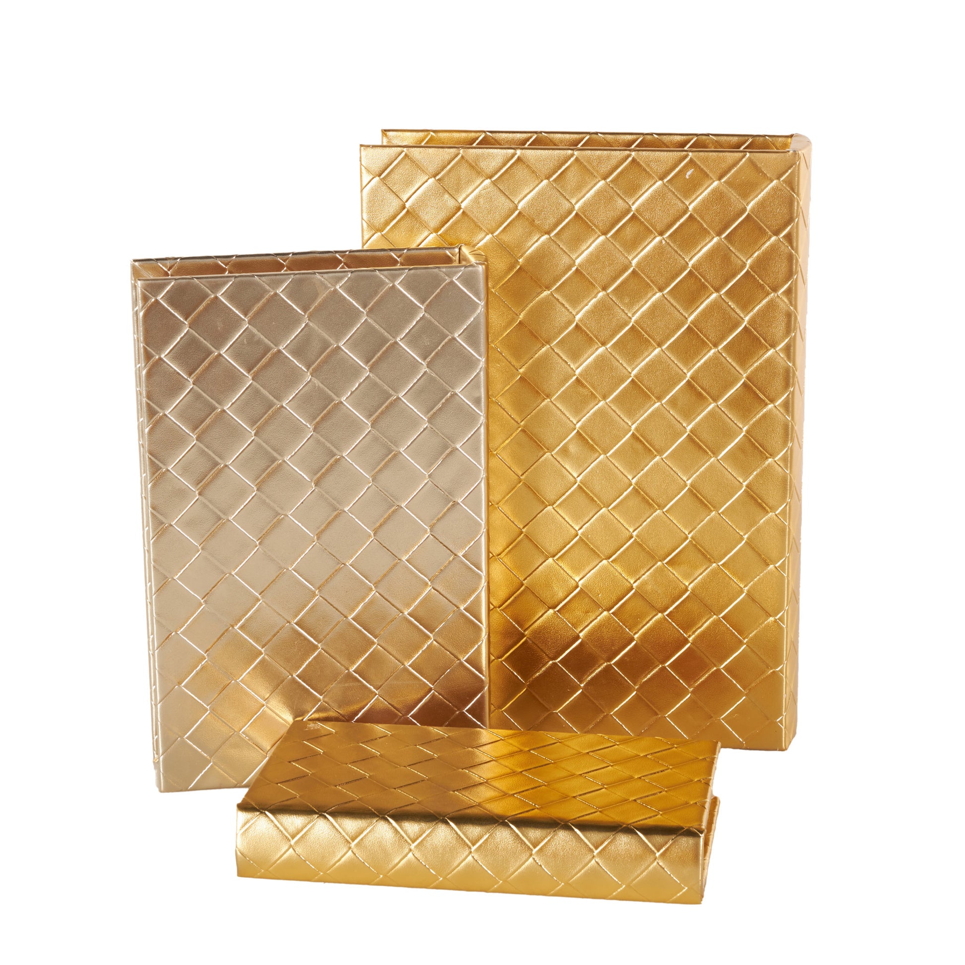Set of 3 Geometric Gold Faux Leather Metallic Textured Diamond Faux Book Storage Decorative Box
