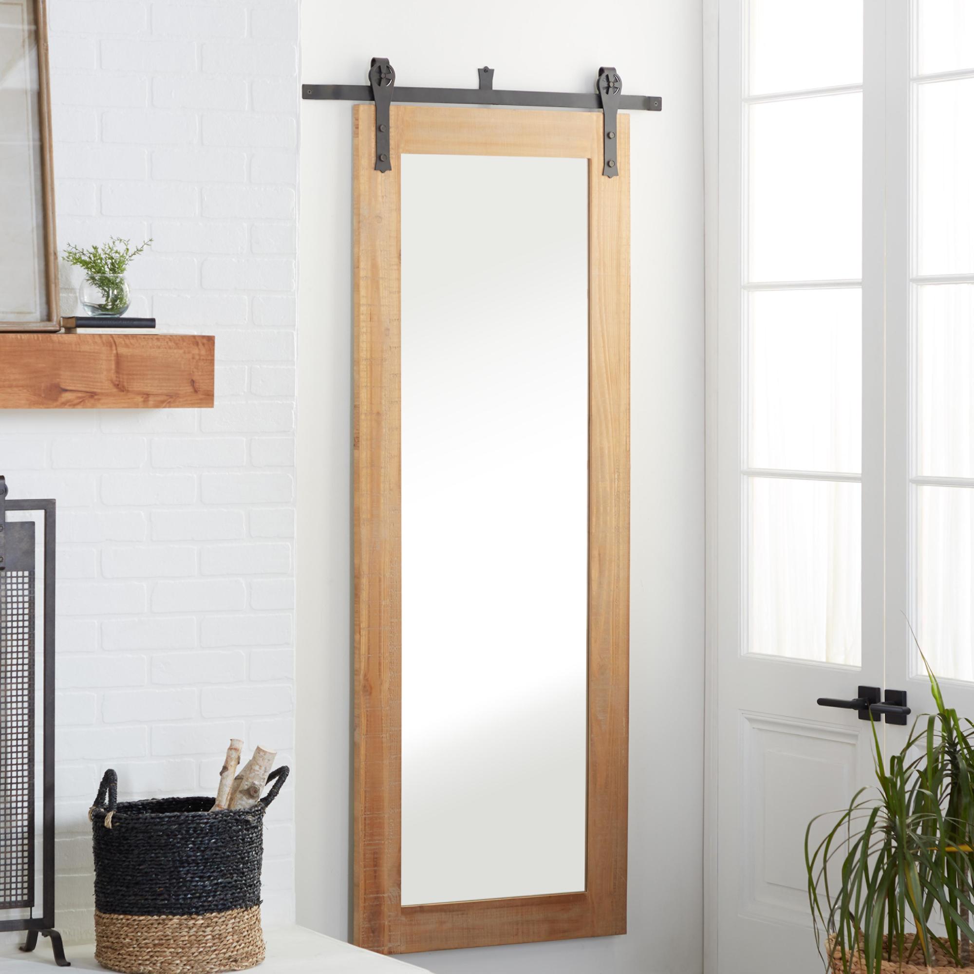 Brown Wood Room Wall Mirror with Black Metal Hanging Rod