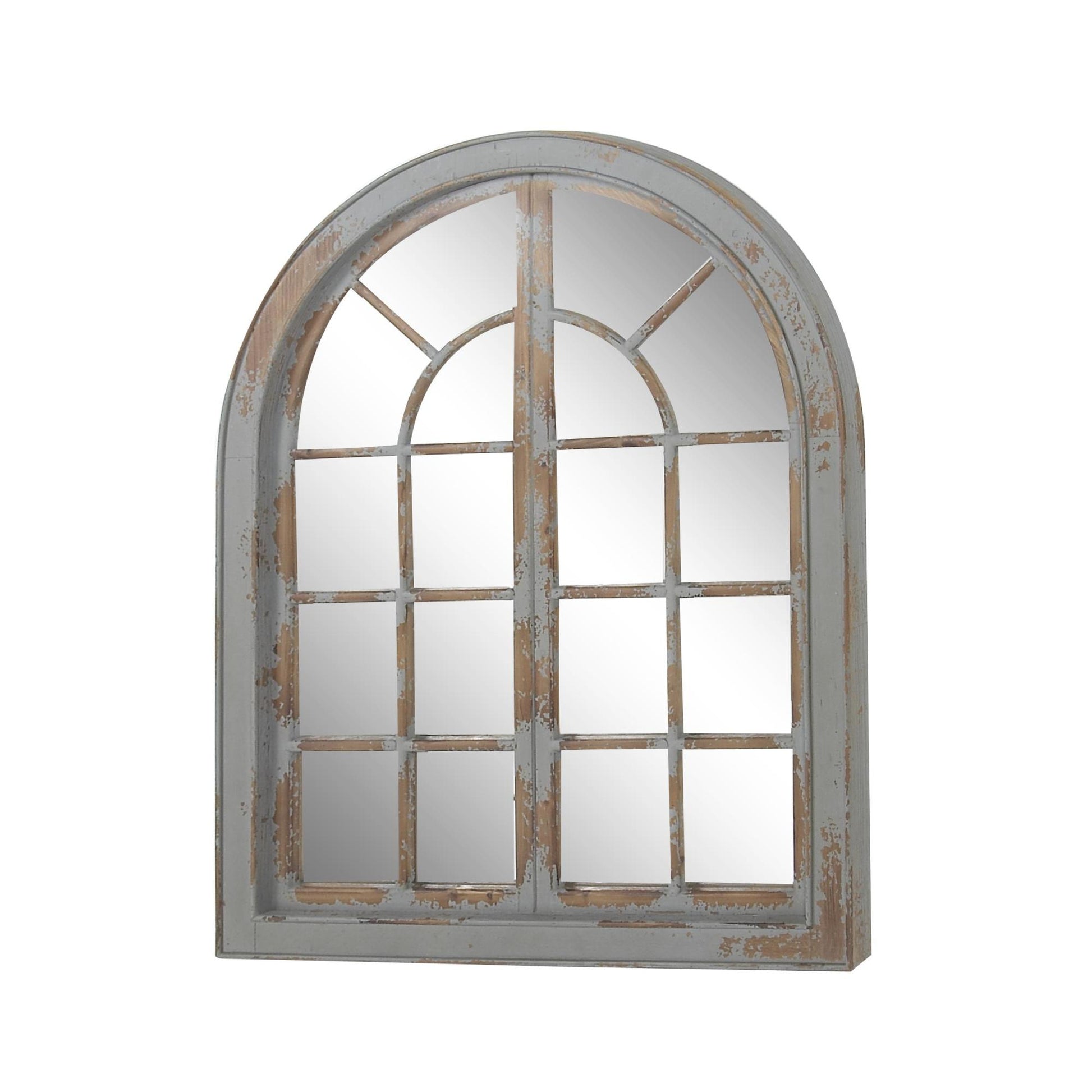 Wood Window Pane Inspired Room Wall Mirror with Arched Top and Distressing