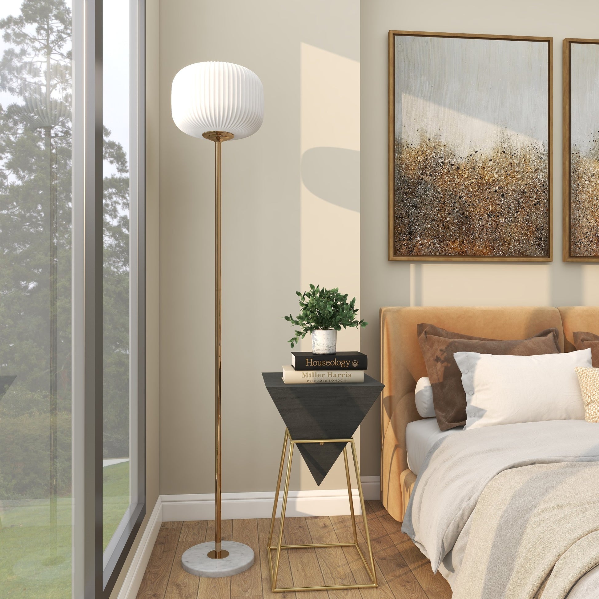 CosmoLiving by Cosmopolitan Gold Metal Room Floor Lamp with White Round Ribbed Shade