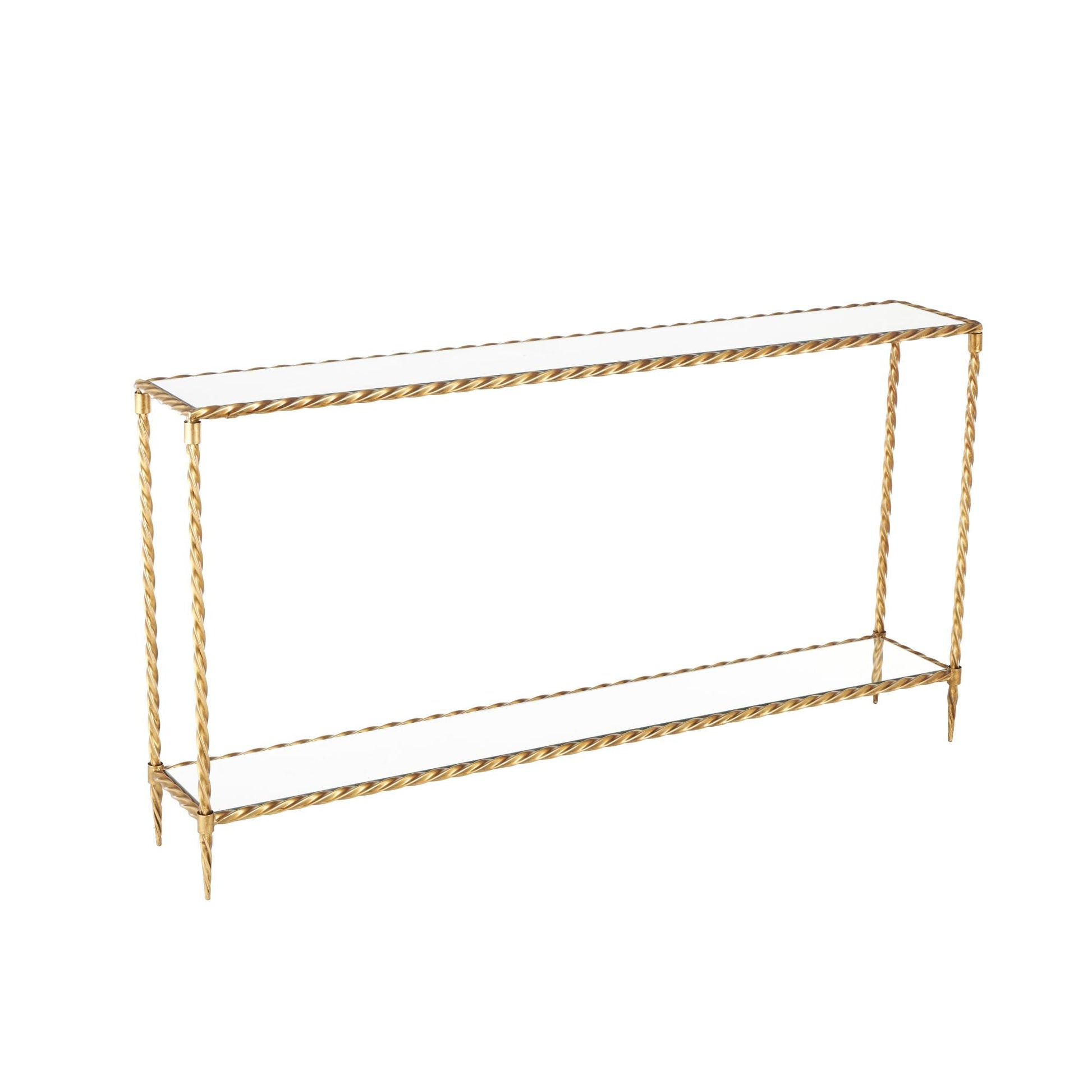 Gold Metal Twisted Rope Inspired Living Room Console Table with Mirrored Glass Top and Shelf