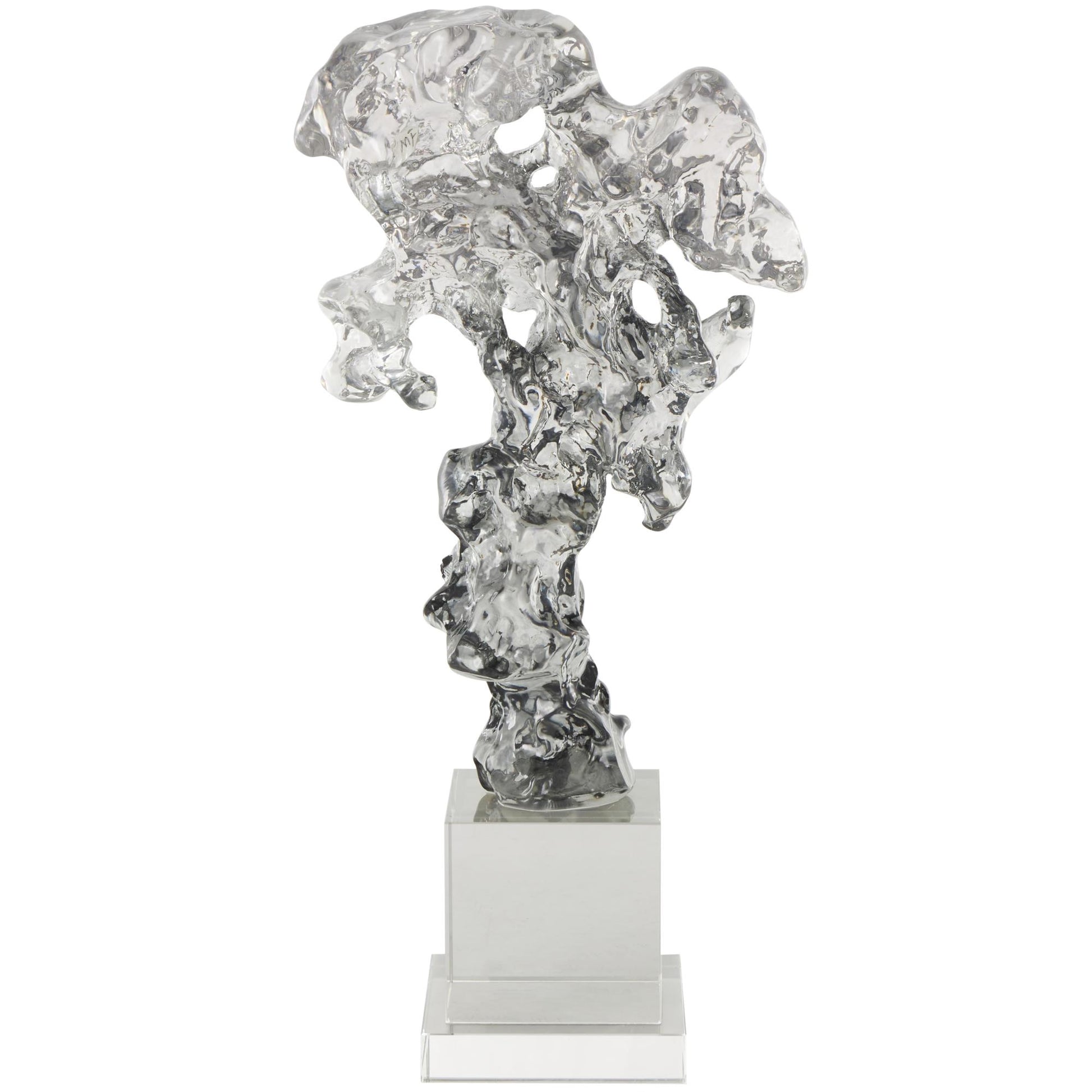 Abstract Clear Glass Handmade Freeform Decorative Sculpture with Clear Square Base
